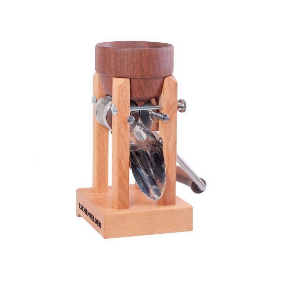 Eschenfelder Getreidemühle Kornquetsche Flockenquetsche Tischmodell Nussbaum Trichter abnehmbar Manuell, (3 Stück), Kurbel 20cm mit Tisch-Schraubzwinge und Reinigungsbürste gratis dazu