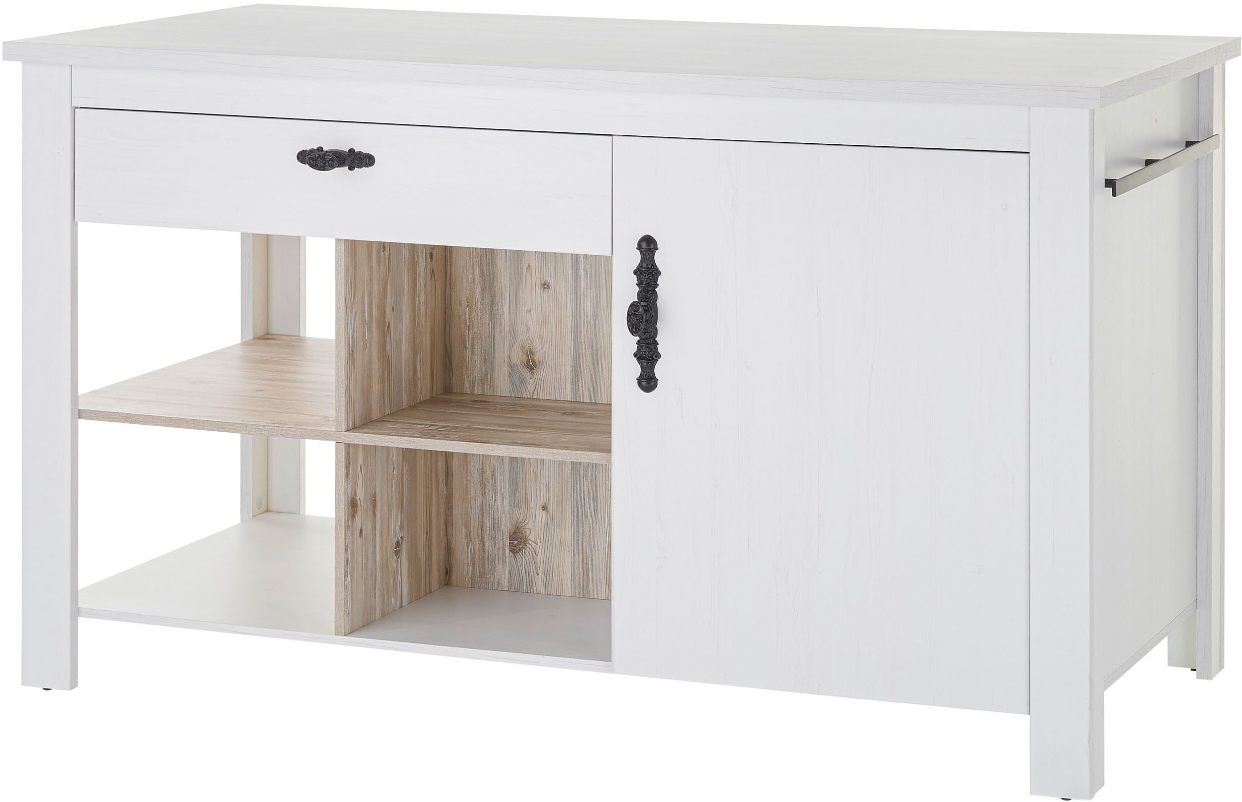 Home affaire Kücheninsel Florenz, Küchenblock in Pinie Weiß, Kochinsel, Küchenarbeitsblock, Breite 161 cm, mit verschnörkeltem Metallgriff, Arbeitshöhe 92 cm