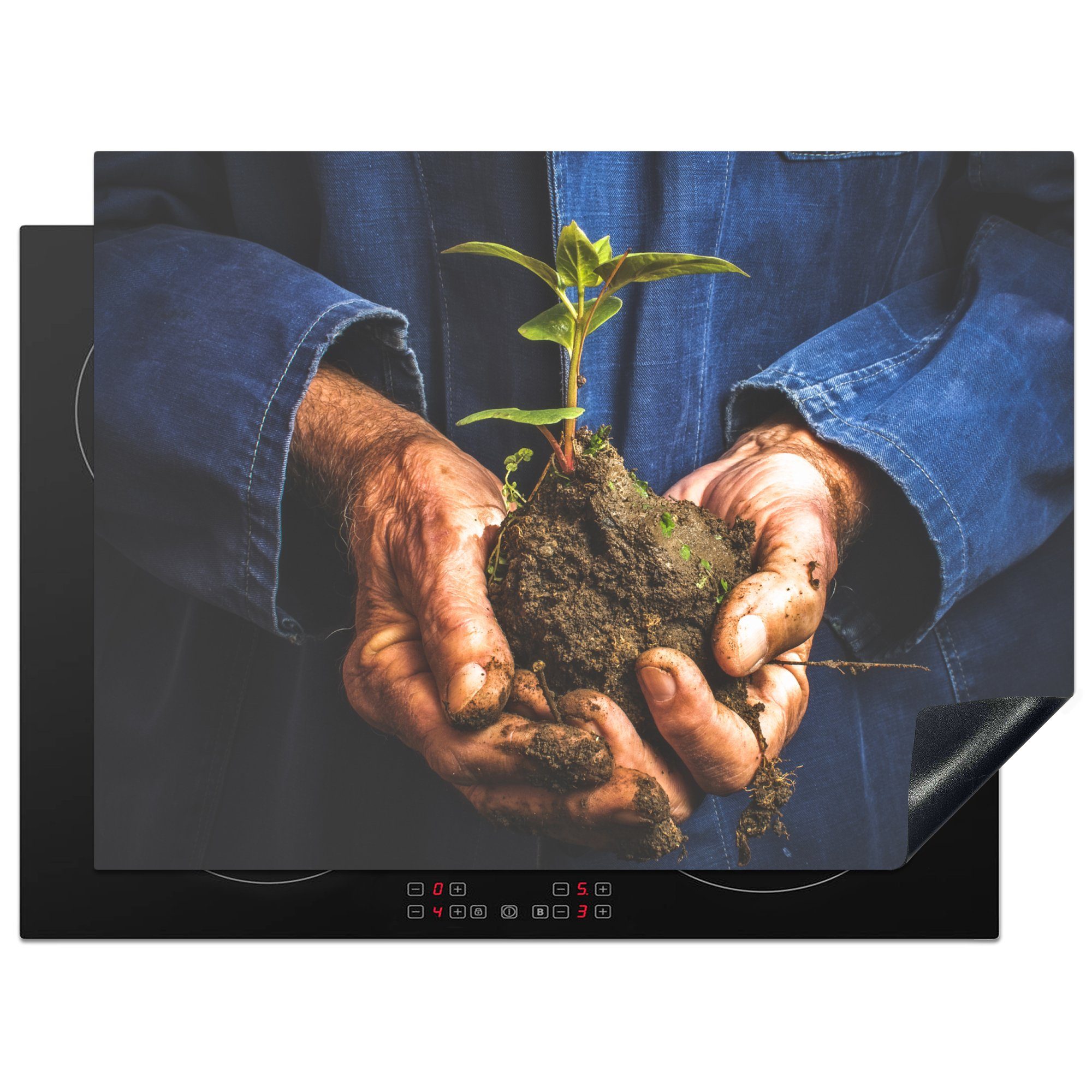 MuchoWow Herdblende-/Abdeckplatte Mann hält Pflanze in seinen Händen, Vinyl, (1 tlg), 70x52 cm, Mobile Arbeitsfläche nutzbar, Ceranfeldabdeckung