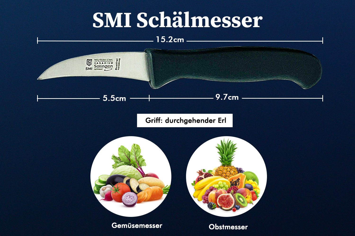 SMI Schälmesser Obstmesser Küchenmesser Solingen Gemüsemesser gebogene Klinge 2 Stück, schwarz, Klinge aus rostfreiem Stahl
