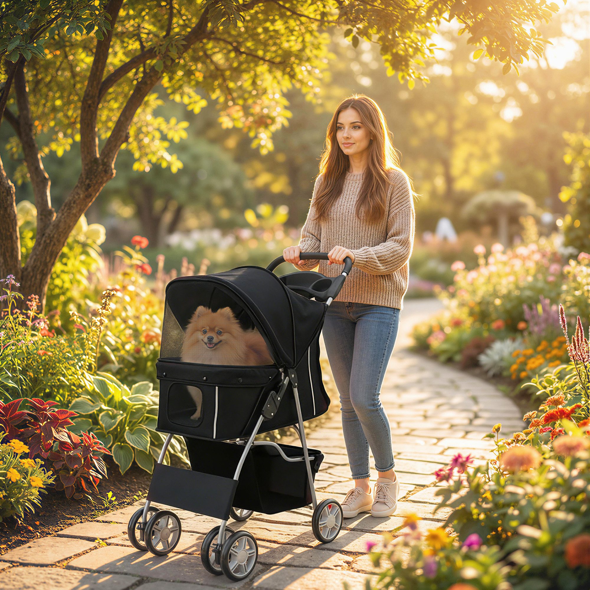 PawHut Hundebuggy Faltbar Katzenwagen mit Reflektorstreifen Aufbewahrungskorb Kissen, (Hundewagen, 1-tlg), für kleine Hunde bis 10kg, Schwarz