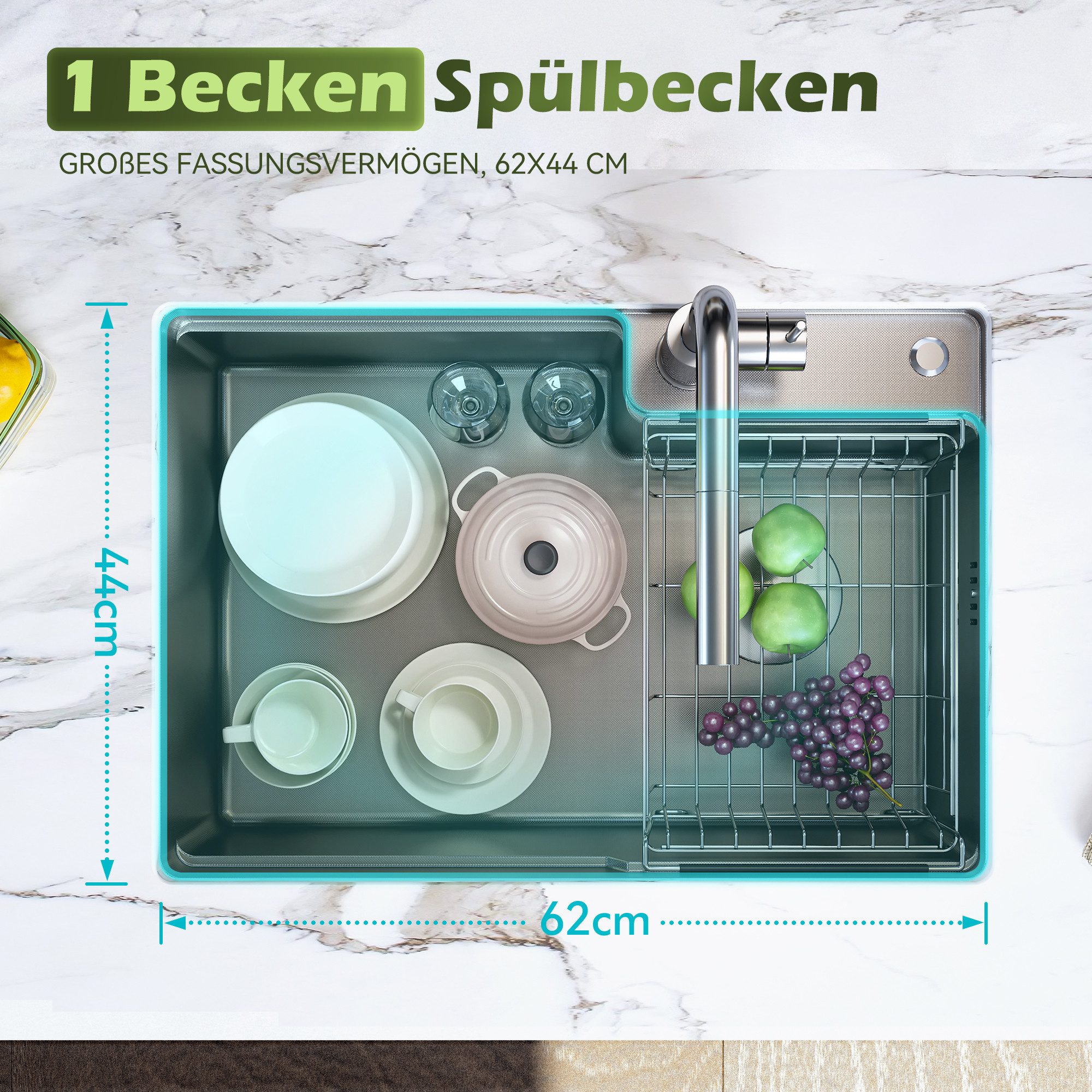HOROW Küchenspüle Einbauspüle Spülbecken Edelstahl Spüle, 62/44 cm, inkl. Siphon und Abtropfkorb, (1 Becke Einbauspüle Spülbecken Küche), Geprägte Oberfläche -  – Bild 4 von 5