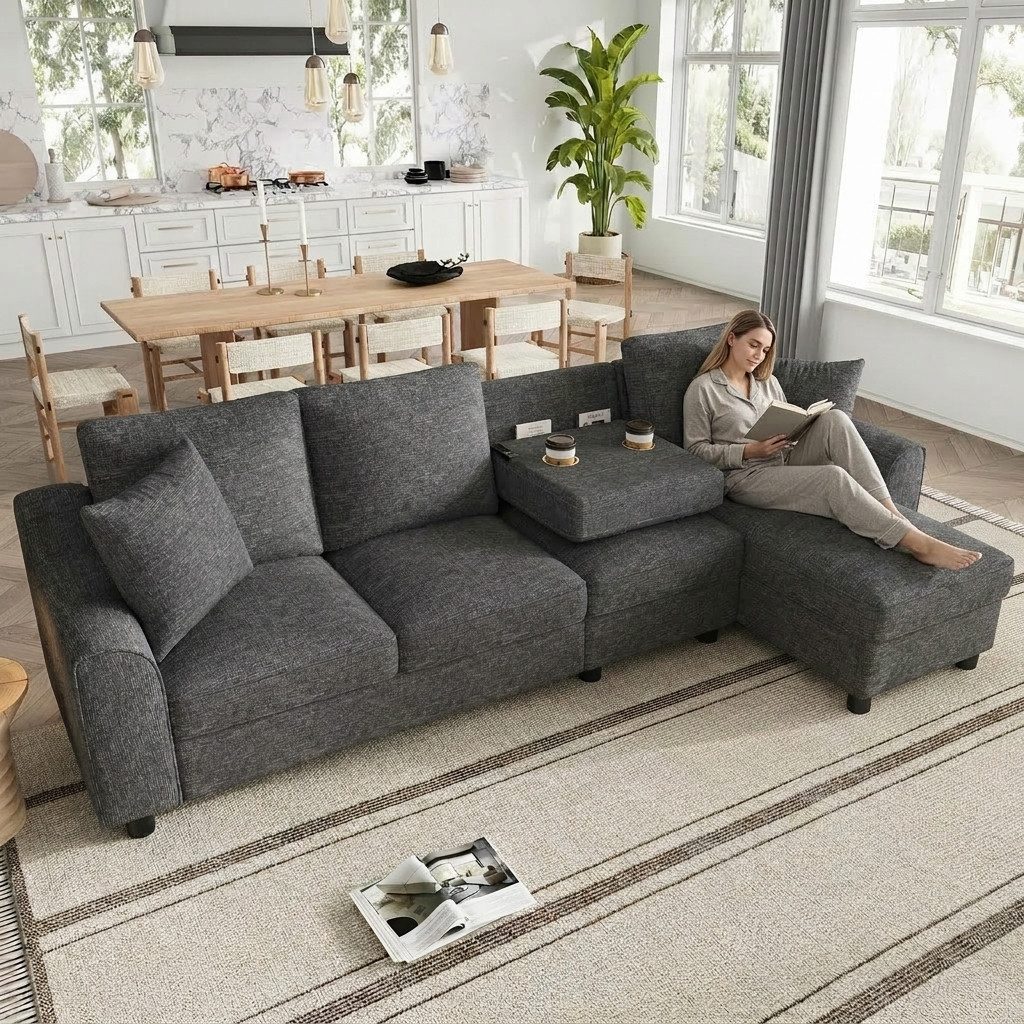 Odikalo Ecksofa L Sofa Chenille,Chaiselongue mit Klappe, Lehne+Getränkehalter, 4 Sitzplätze,mit Aufbewahrungsbox, umklappbare Rückenlehne mit 2 Becherhaltern, weicher Chenille-Bezug,multifunktionales modulares Sofa