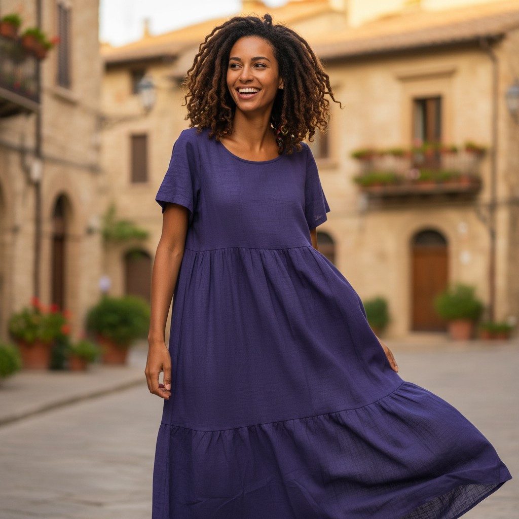 Guru-Shop Midikleid Boho Baumwoll Maxikleid, luftiges Stufenkleid,.. alternative Bekleidung