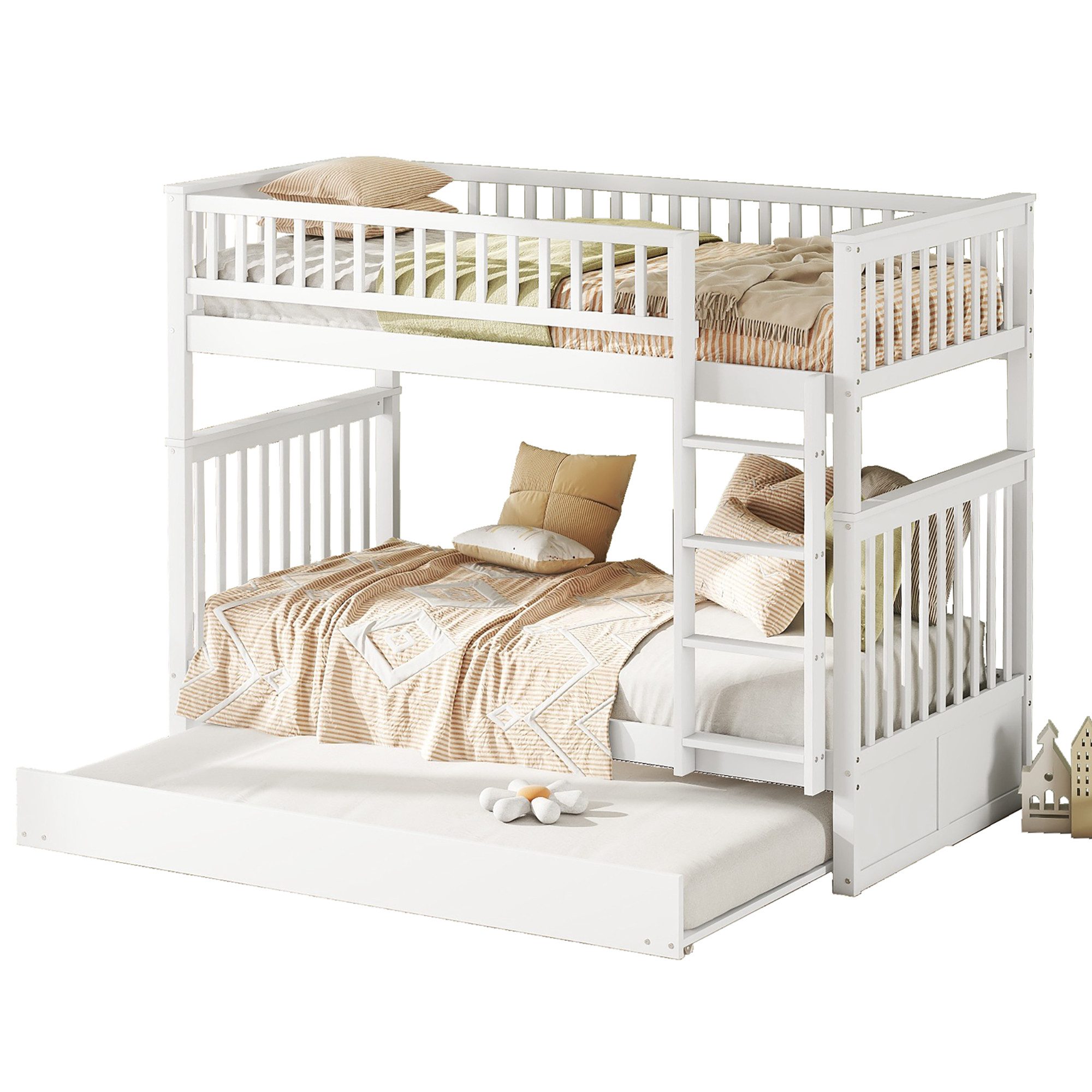 OKWISH Etagenbett Kinderbetten Dreierbetten mit Ausziehbett Hohe Geländer Stabile Treppe (90*200cm), ohne Matratze