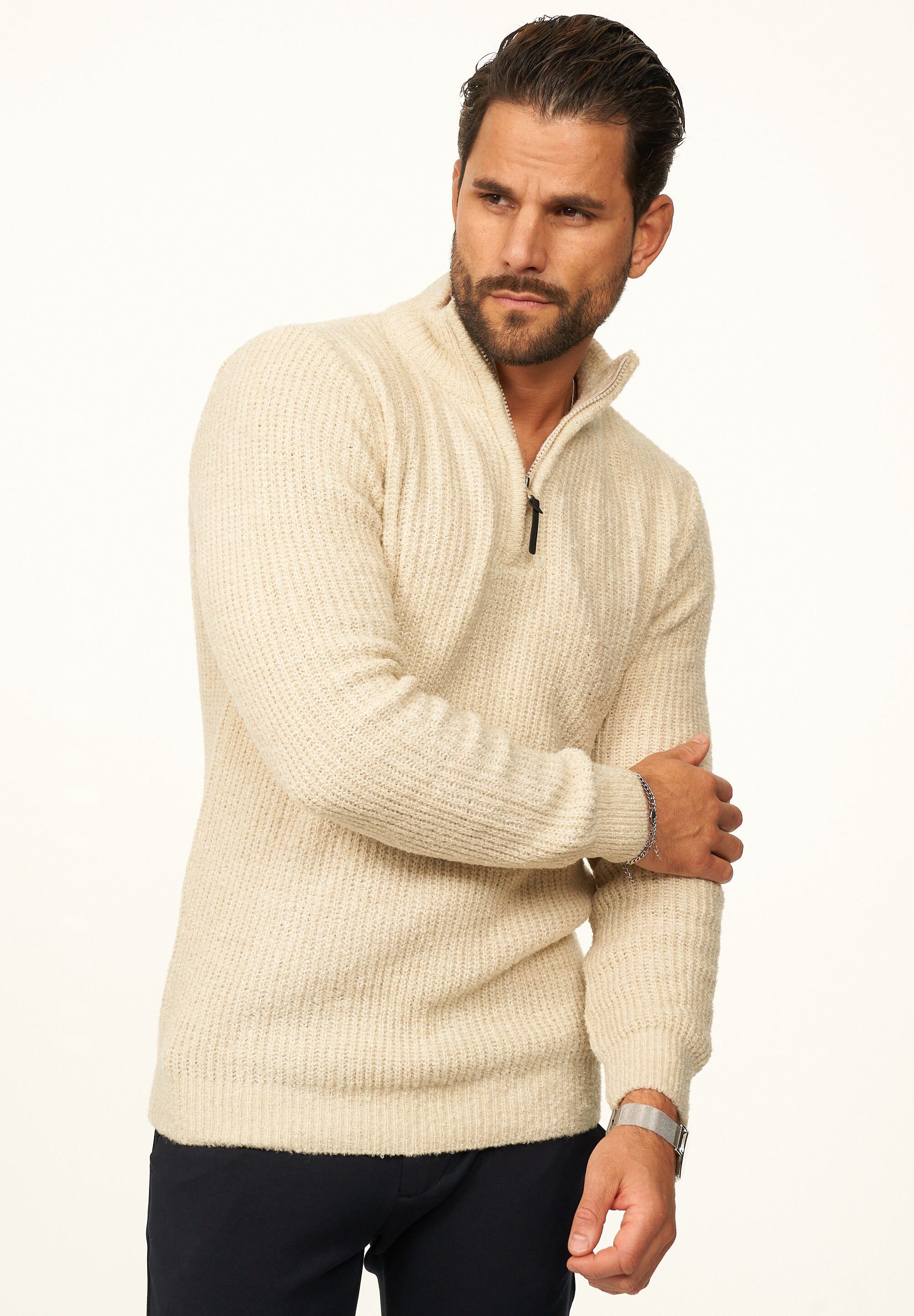 CARISMA Strickpullover als Weicher Grobstrick Troyer Pulli für Herren Männer Winterpullover als Half-Zip - Regular-Fit Bouclé