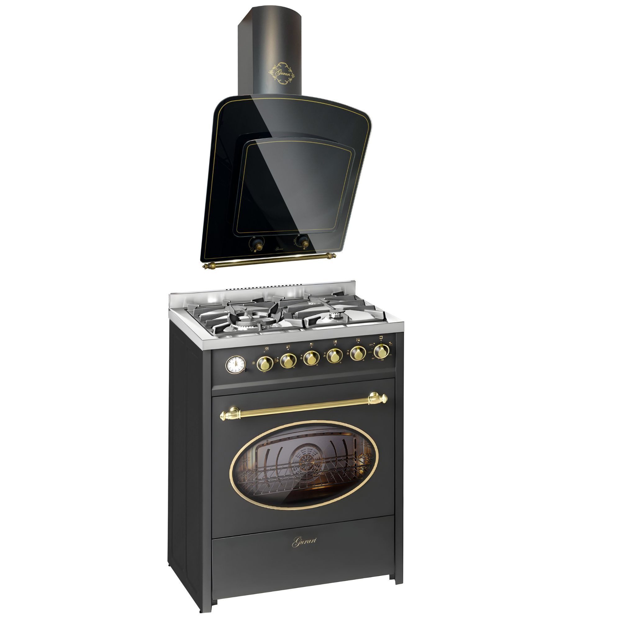 GURARI Gas-Standherd Retro Gas Elektro Standherd 60 cm Erdgas Fl.Gas 4 Kw WOK, 8 Funktionen+Dunstabzugshaube 60 cm, Retro Wandhaube E 614 BL r+GCH S 142 60 BL N., mit 1-fach-Teleskopauszug