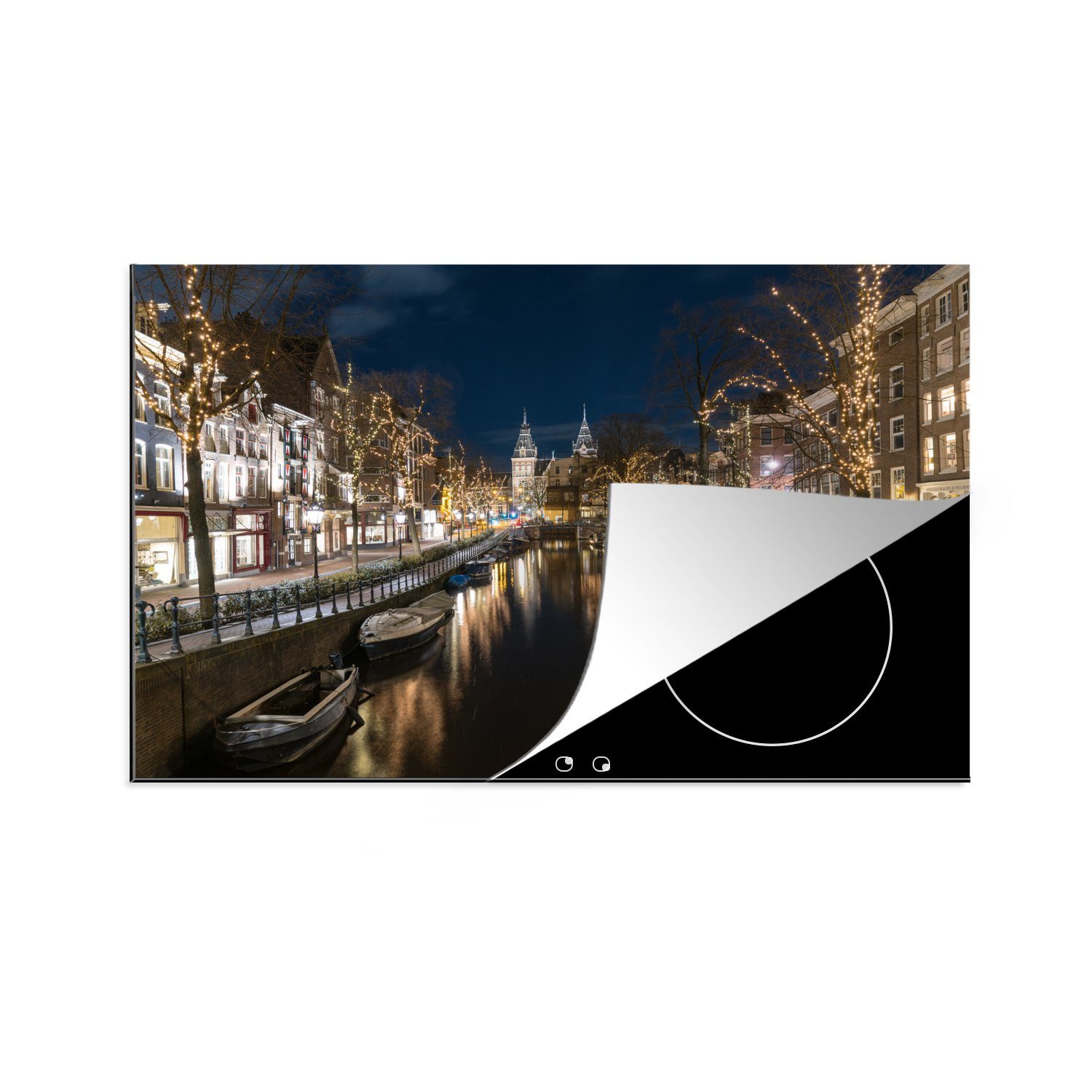 MuchoWow Herdblende-/Abdeckplatte Das Rijksmuseum hinter der Spiegelgracht in Amsterdam, Vinyl, (1 tlg), 81x52 cm, Induktionskochfeld Schutz für die küche, Ceranfeldabdeckung