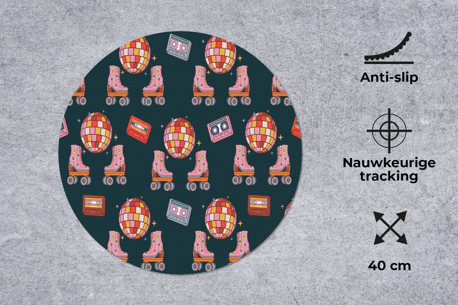 MuchoWow Mauspad Rollerskates - Muster - Disco (1-St), Mousepad mit Rutschfester Unterseite, Gaming, Rund, 40x40 cm