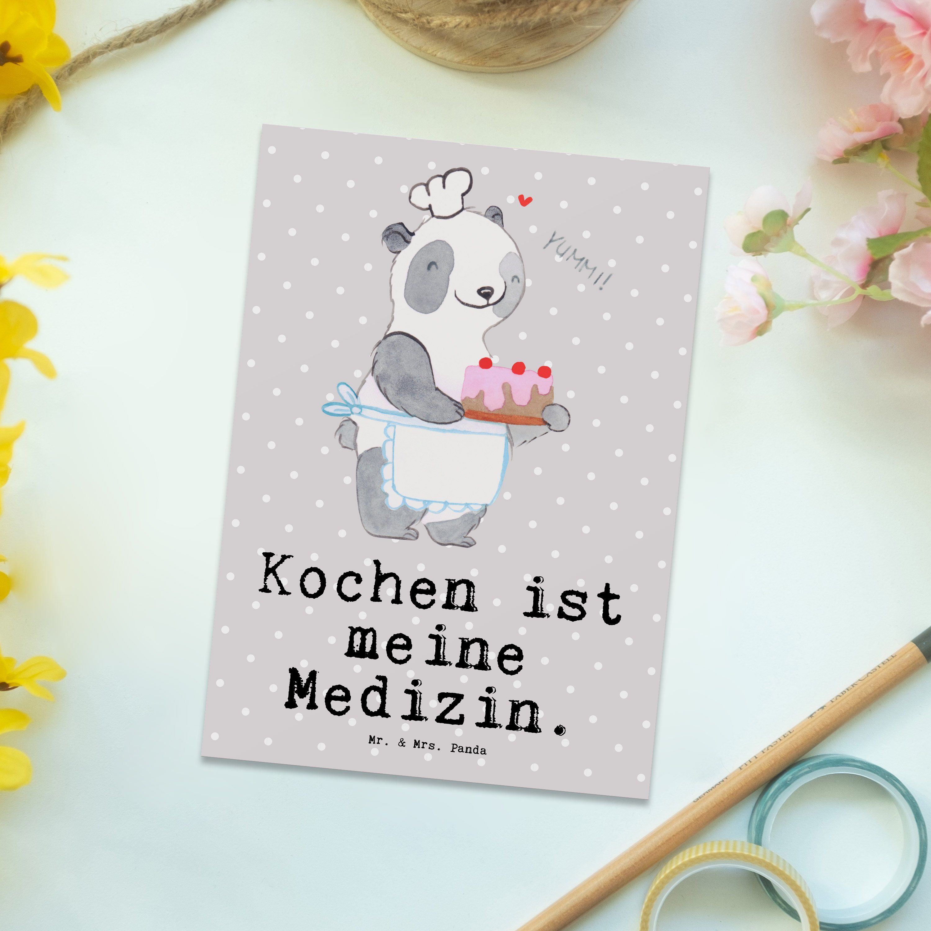 Karte, Hobbykoch, Gebur Panda Mr. Pastell Kochen Medizin - Bär Geschenk, - Grau & Postkarte Mrs.