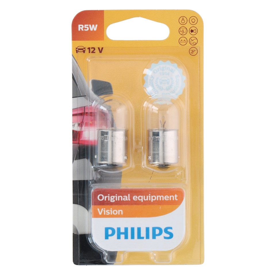 Philips Halogenlampe 2x Philips Vision R5W 12V 5W BA15s Glühlampen Blinkleuchte Standlicht, Sockel: BA15s, 2 St., Philips Markenqualität, bis zu 30 % mehr Sichtbarkeit, OEM-Qualität