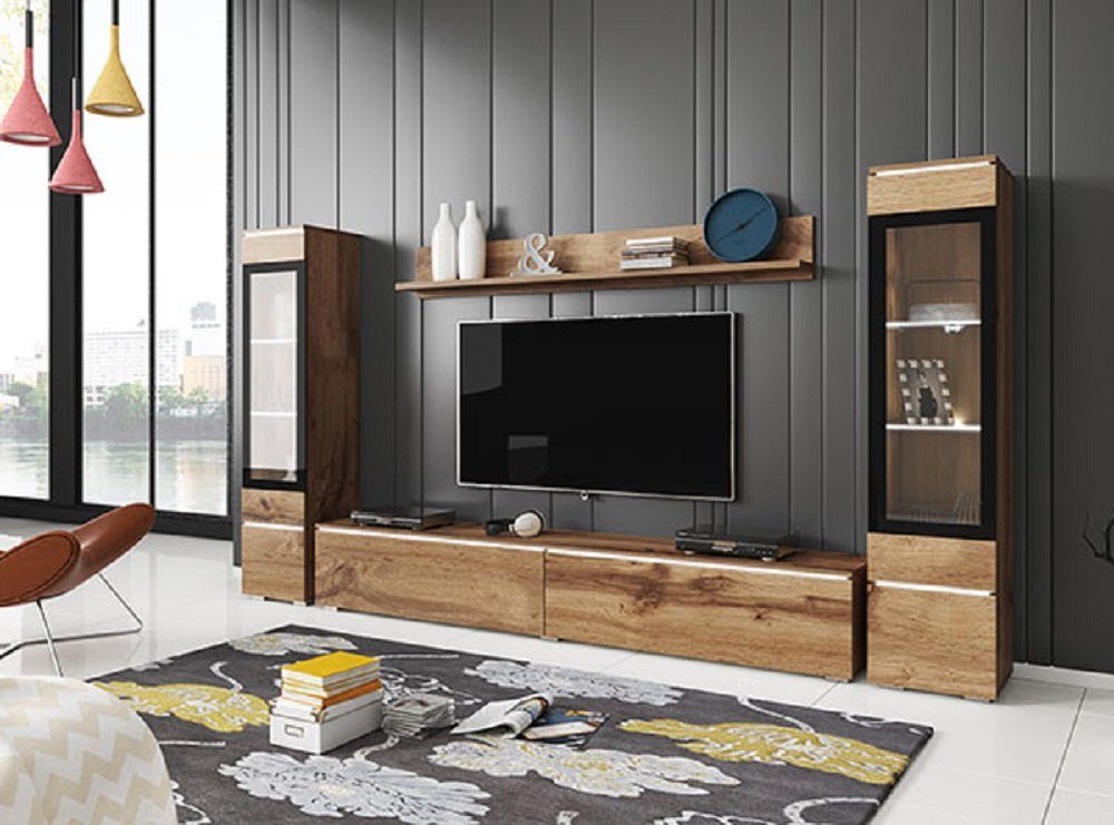 Feldmann-Wohnen Wohnwand VERA 2, (Set, 4-St., 2 Hängevitrinen + 1 Lowboard + 1 Wandregal), in Eiche Wotan