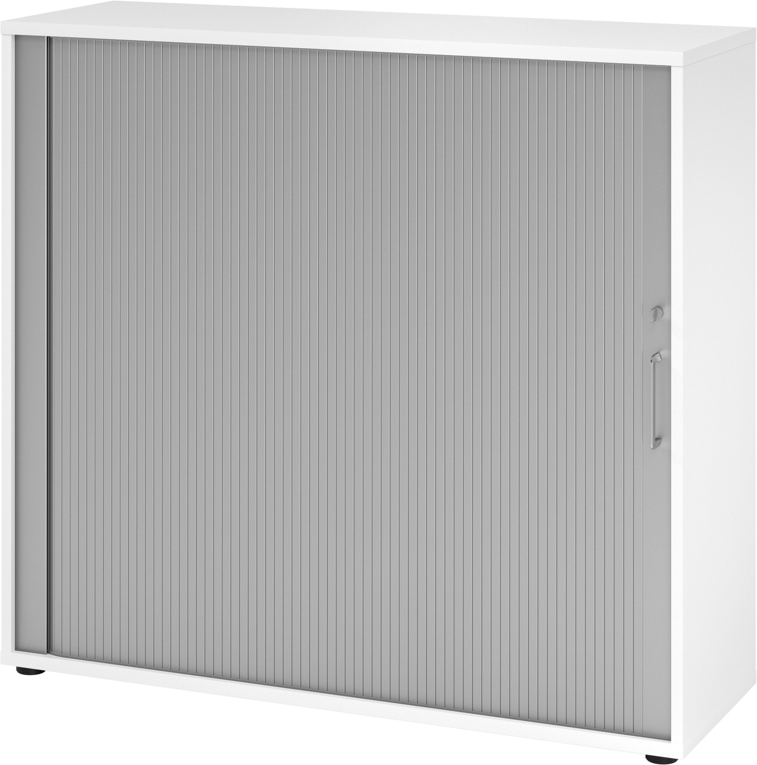 bümö Aktenschrank Rollladenschrank office - 3 Ordnerhöhen Dekor:  Weiß/Silber - Griffe: Bügelgriff (Metall)