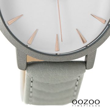 OOZOO Quarzuhr Oozoo Damen Armbanduhr grau, (Analoguhr), Damenuhr rund, groß (ca. 40mm) Lederarmband, Fashion-Style
