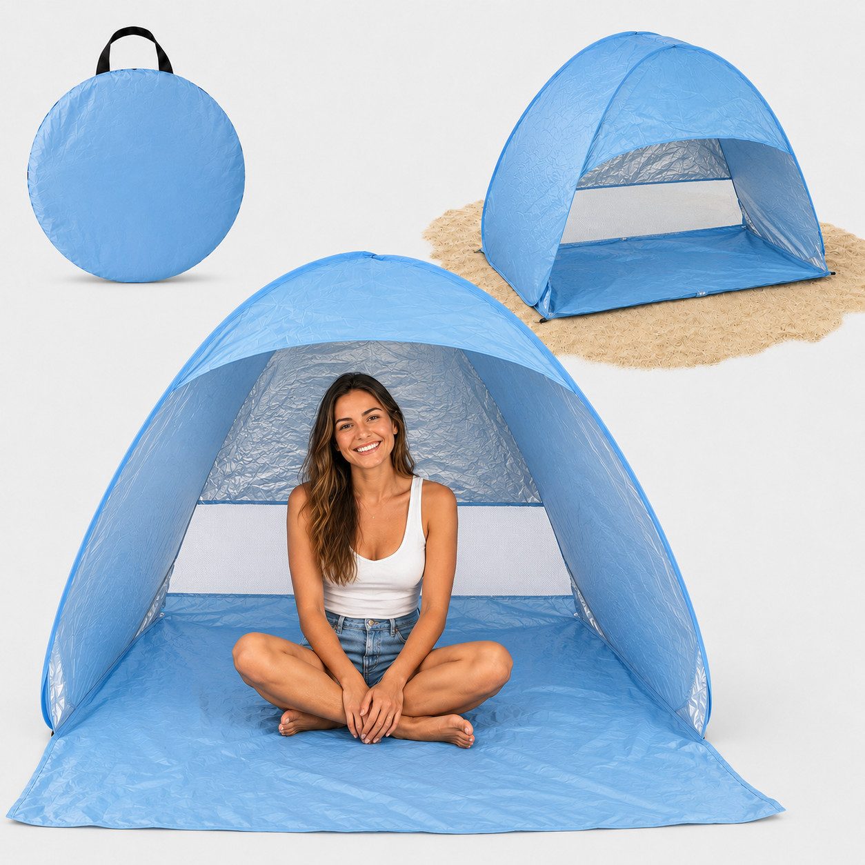 Hikey Strandmuschel Strandmuschel Pop-Up, Personen: 2 (Set, 8 tlg., Zelt, Tasche, 6 Heringe), Pop-Up in 2 Sekunden, UPF 50+, Moskitofenster, verlängerter Boden