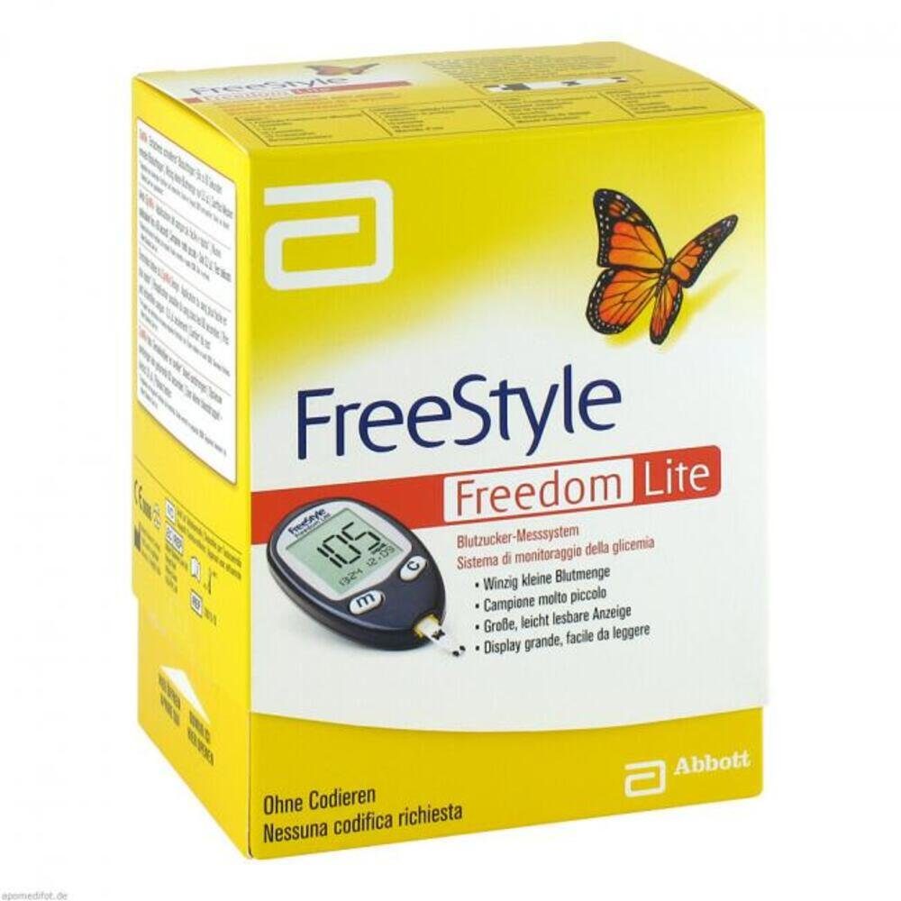 Abbott Blutzuckermessgerät FreeStyle Freedom Lite Blutzuckermessgerät-Set mg/dl oder mmol/l, Langzeitüberwachung mit 400 Messwerten, Schnelle Messzeit von 5 Sekunden, Biosensor für Glukosemessung, Nahezu schmerzfreie Messung