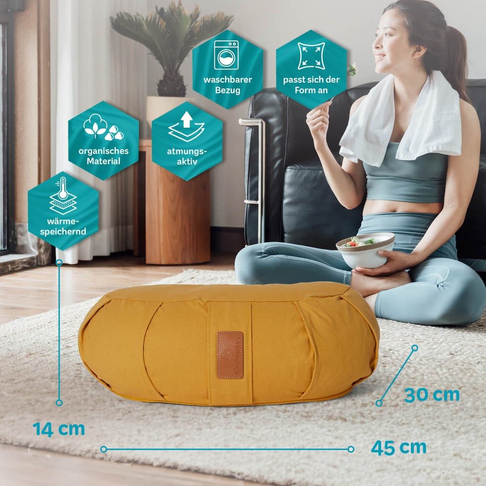 #DoYourYoga Yoga Bolster Zafu Halbmondkissen Ganesh, 100% Baumwolle Bio Bioweizenschalenfüllung 45x30x14 Yoga Meditation