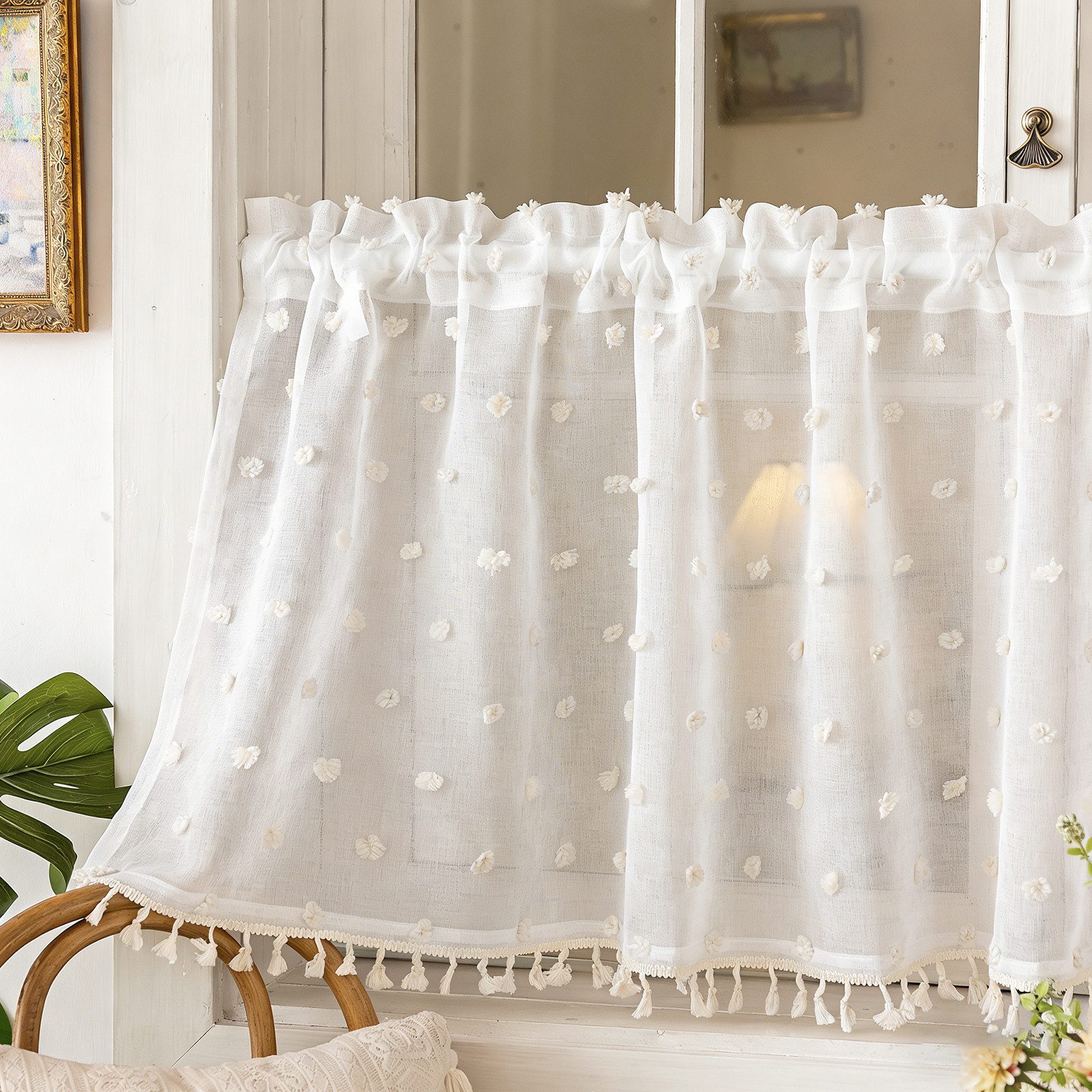 Sunicol Scheibengardine Boho Bistrogardine Weiß Kurzgardinen mit Quaste lichtdurchlässig, 140 x 46 cm/140 x 61 cm Klein Modern Gardine für Küchen