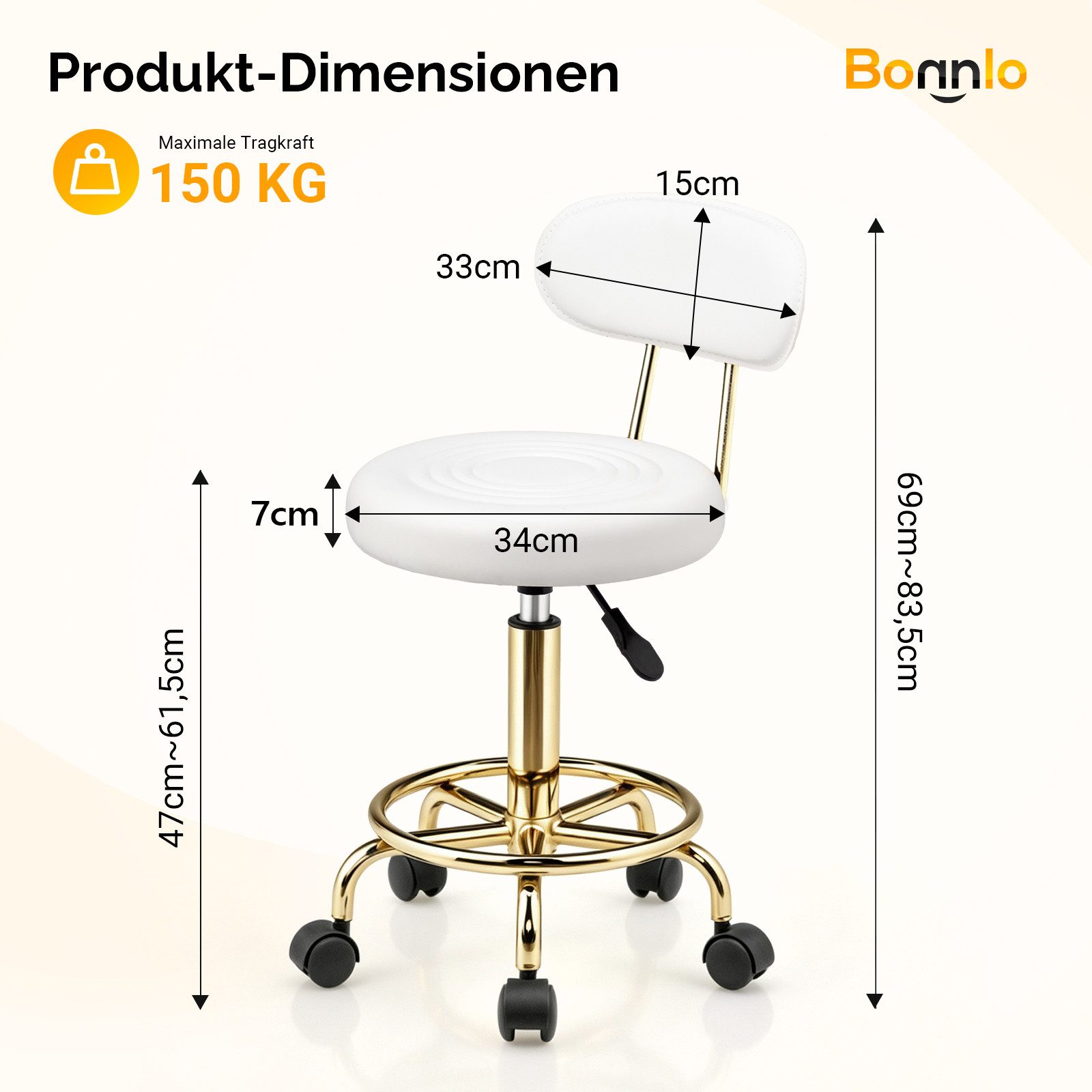 VINGLI Drehhocker Rollhocker Bürohocker Hocker für Salon, Tattoo-Studio, Büro, Zuhause, Höhenverstellbar 47-61,5 cm, mit Lehne Abnehmbar, 360 ° Drehbar – Bild 4 von 5