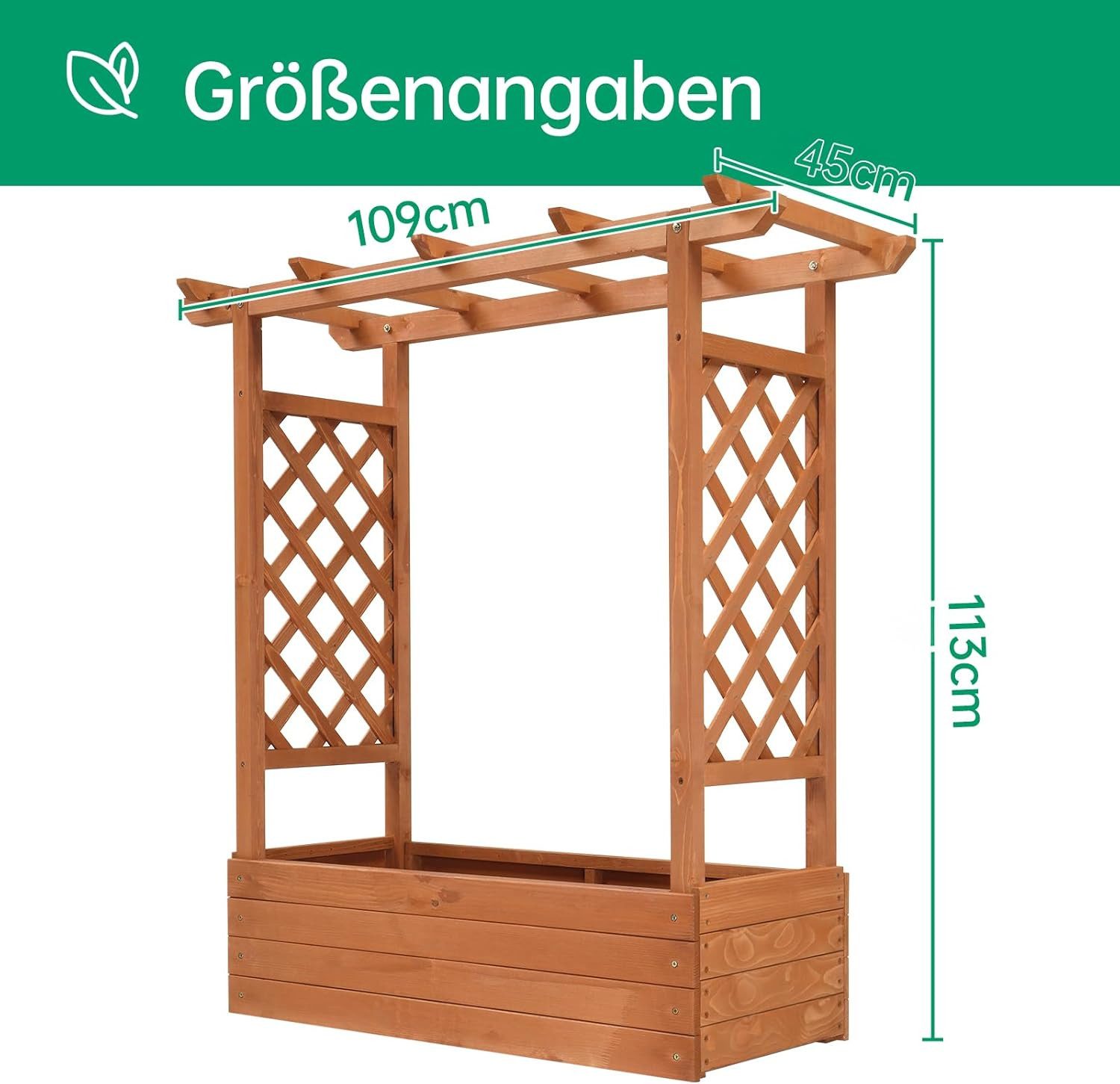 LALAHO Hochbeet Blumenkasten mit Rankhilfe Ablauflöchern, hängendes Dach, für Garten, Balkon, Terrasse, 110 x 45 x 113 cm