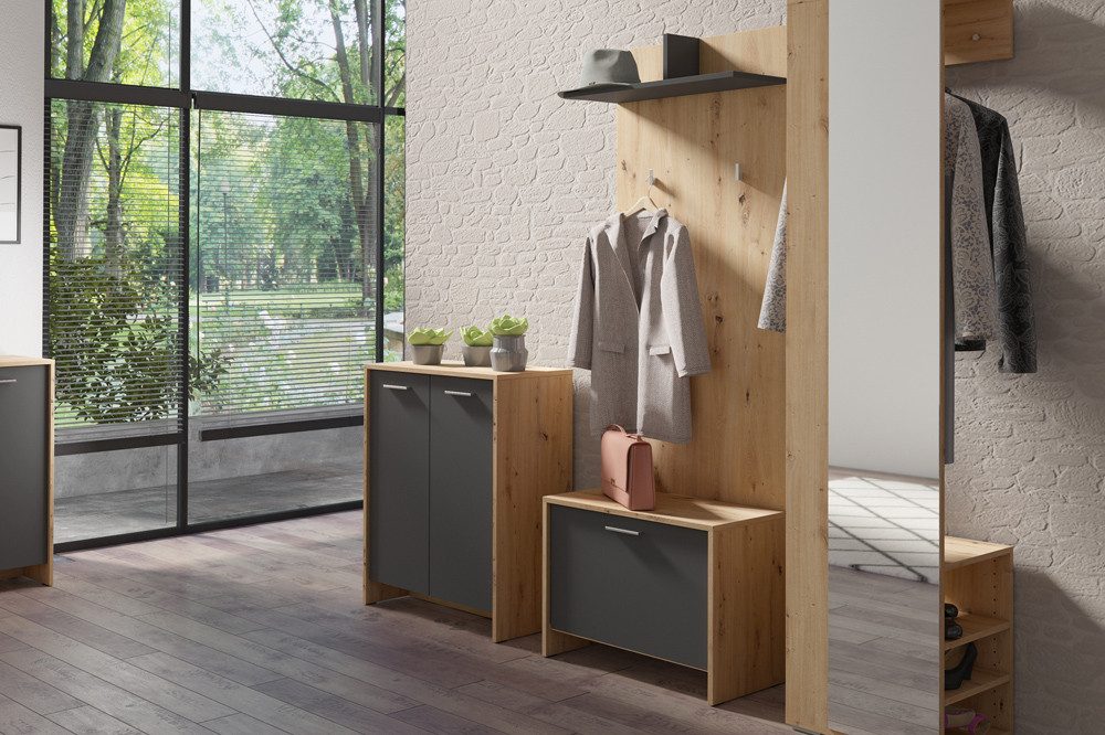 riess-ambiente Wandgarderobe BENNO 140 cm natur / anthrazit – modern, mit Beton-Optik & 2 Haken (Einzelartikel, 1 St), Design-Garderobe, pflegeleicht, mit Ablagen & Haken, Flurmöbel