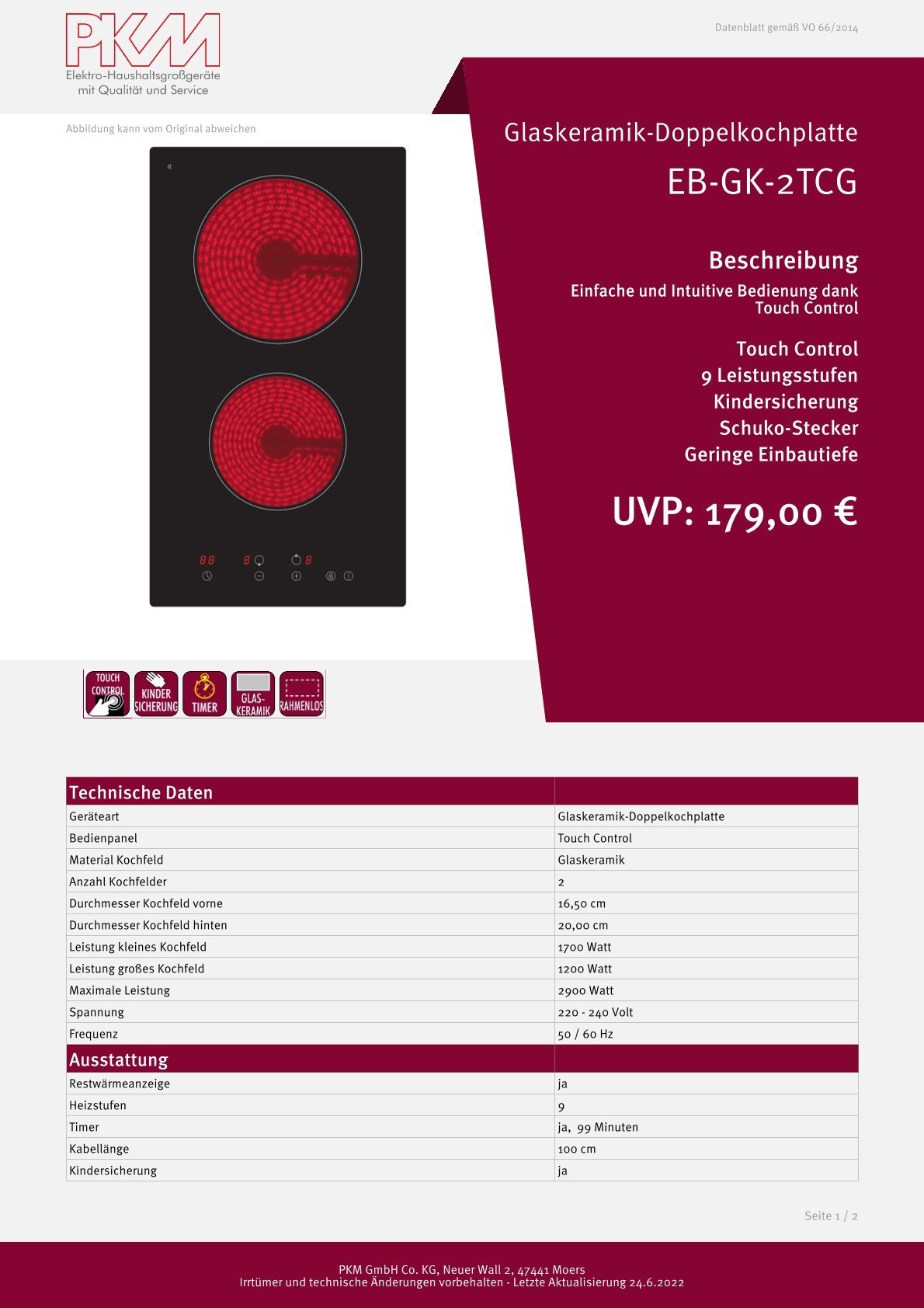 PKM Elektro-Kochfeld, Touch Control, 9 Leistungsstufen, Kindersicherung, Schuko Stecker