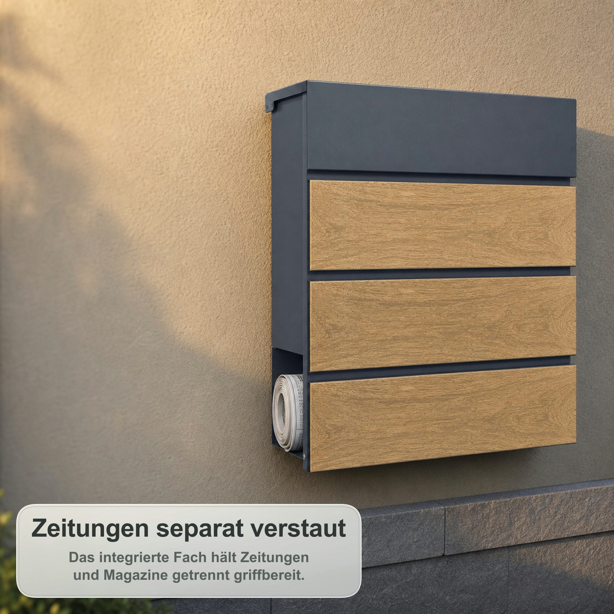 Kubus Briefkasten Rayan aus verzinktem Stahl mit Zeitungsfach & Holzoptik, 2 Schlüssel inklusive, Abgedecktes Zylinderschloss – Bild 5 von 5