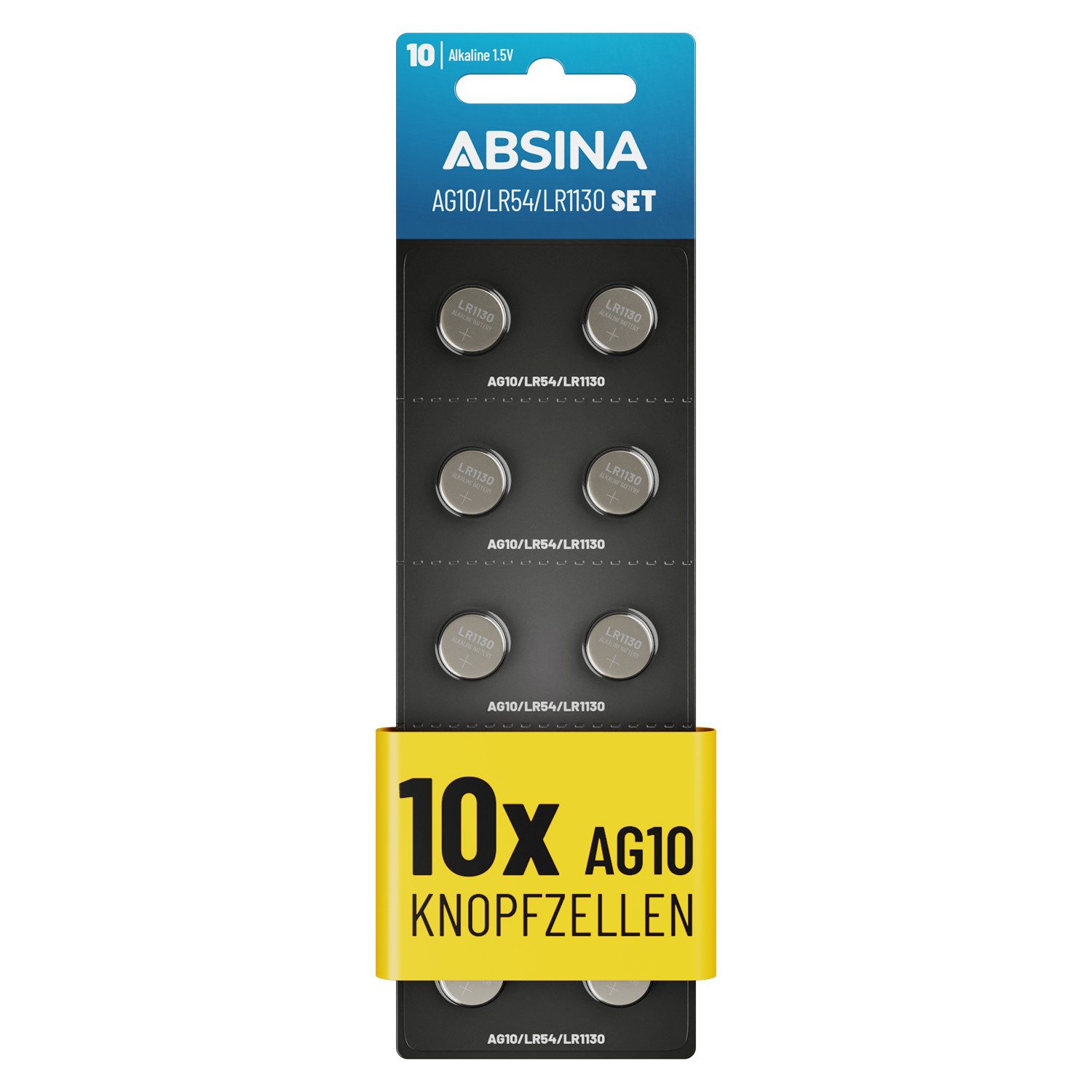 ABSINA AG10 LR1130 Knopfzelle 10er Pack - 1,5V Alkaline Knopfzellen Knopfzelle, AG10 (1,5 V, 1 St), Temperaturfest von -10°C bis +50°C, langlebig, auslaufsicher