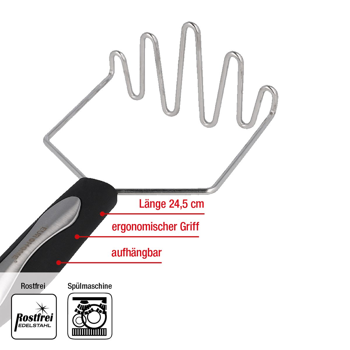 EUROHOME Kartoffelstampfer Gemüsepresse CARMEN mit ergonomischem Kunststoffgriff (1 St), Edelstahl, Kartoffelstampfer aus rostfreiem Edelstahl