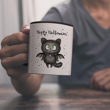 speecheese Tasse Happy Halloween Kaffeebecher in schwarz mit schwarzer Fledermaus-Katze