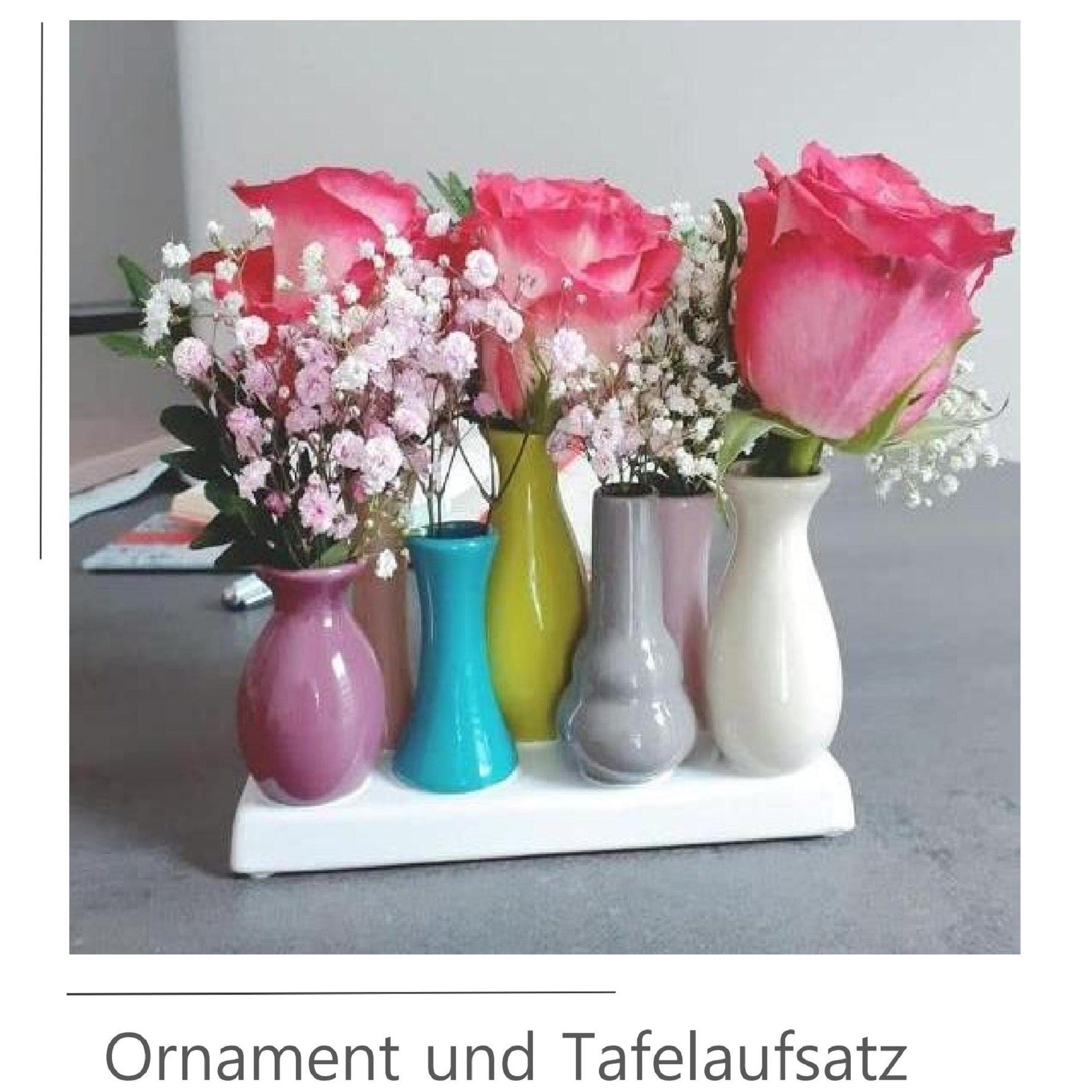 Jinfa Dekovase Handgefertigte kleine Keramik Vasen Blumenvasen auf (7 einem Bunt), auf Deko Tablett verbunden Set