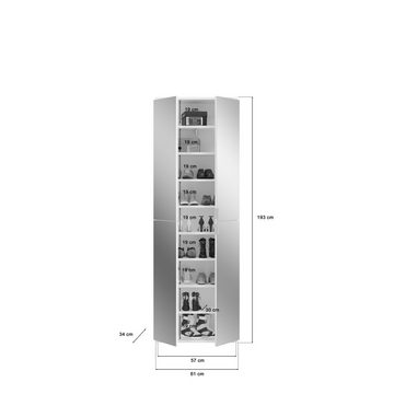 möbelando Garderobenschrank Paterson Eleganter Garderobenschrank aus Spanplatte in Weiß, mit 8 Spiegeltüren, 2 Kleiderstangen und 16 Ablageböden. Breite 130 cm, Höhe 193 cm, Tiefe 34 cm
