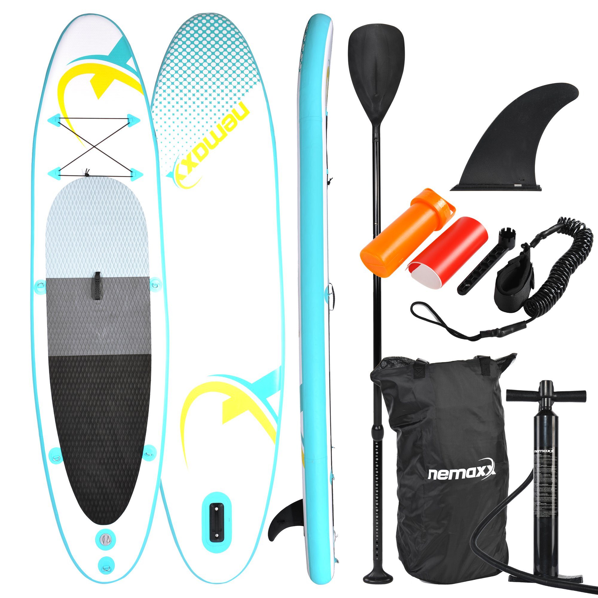 NEMAXX Inflatable Surfbrett, Board - up zu inkl. & PB320 Surf-Board transportieren Paddle leicht Nemaxx - Stand - Tasche, 320x78x15cm, Paddel aufblasbar türkis/gelb SUP-Board