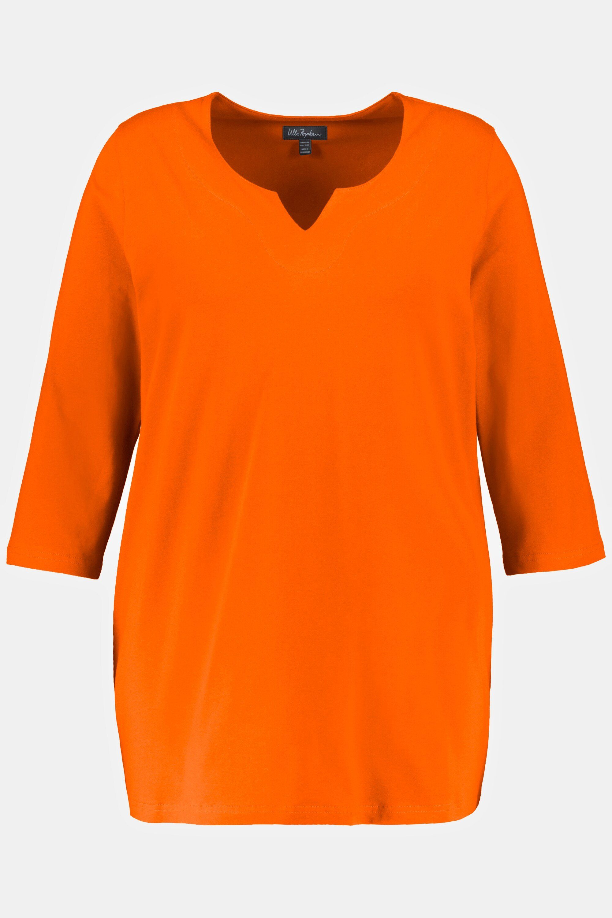 Ulla Popken Rundhalsshirt Longshirt orange A-Linie V-Ausschnitt 3/4-Arm