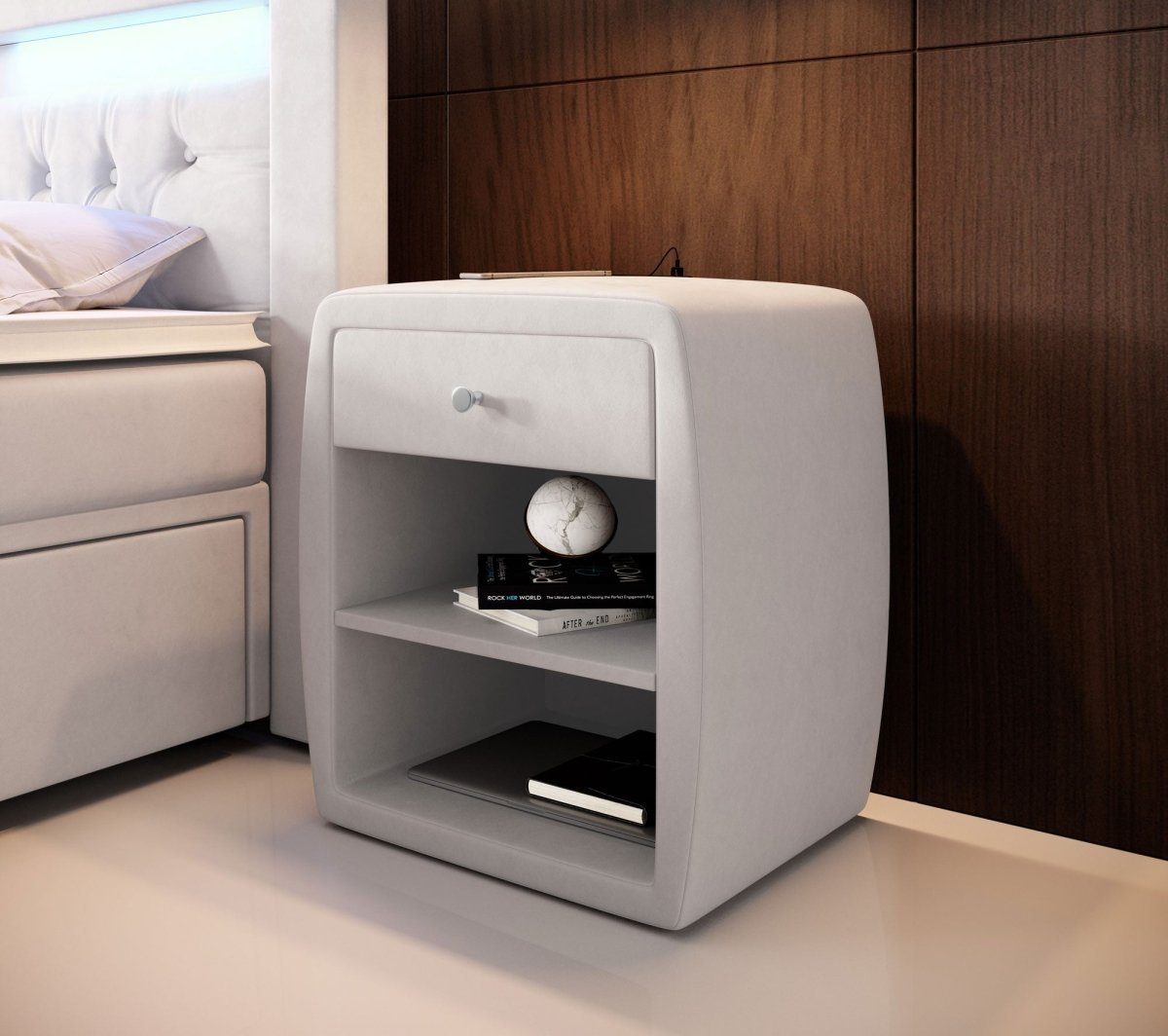 Luxusbetten24 Nachttisch Designer Nachttisch Lilly, mit USB-Anschluss Anschluss und Samtbezug