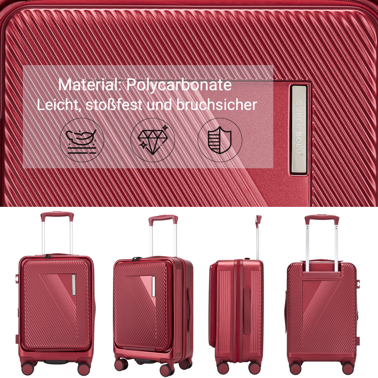 Super Solu Handgepäck-Trolley Hartschalenkoffer 55cm PC erweiterbar mit Frontöffnung & Laptopfach, 4 Rollen, Reisekoffer mit TSA-Schloss & 4 x 360° Doppelrollen, Rot