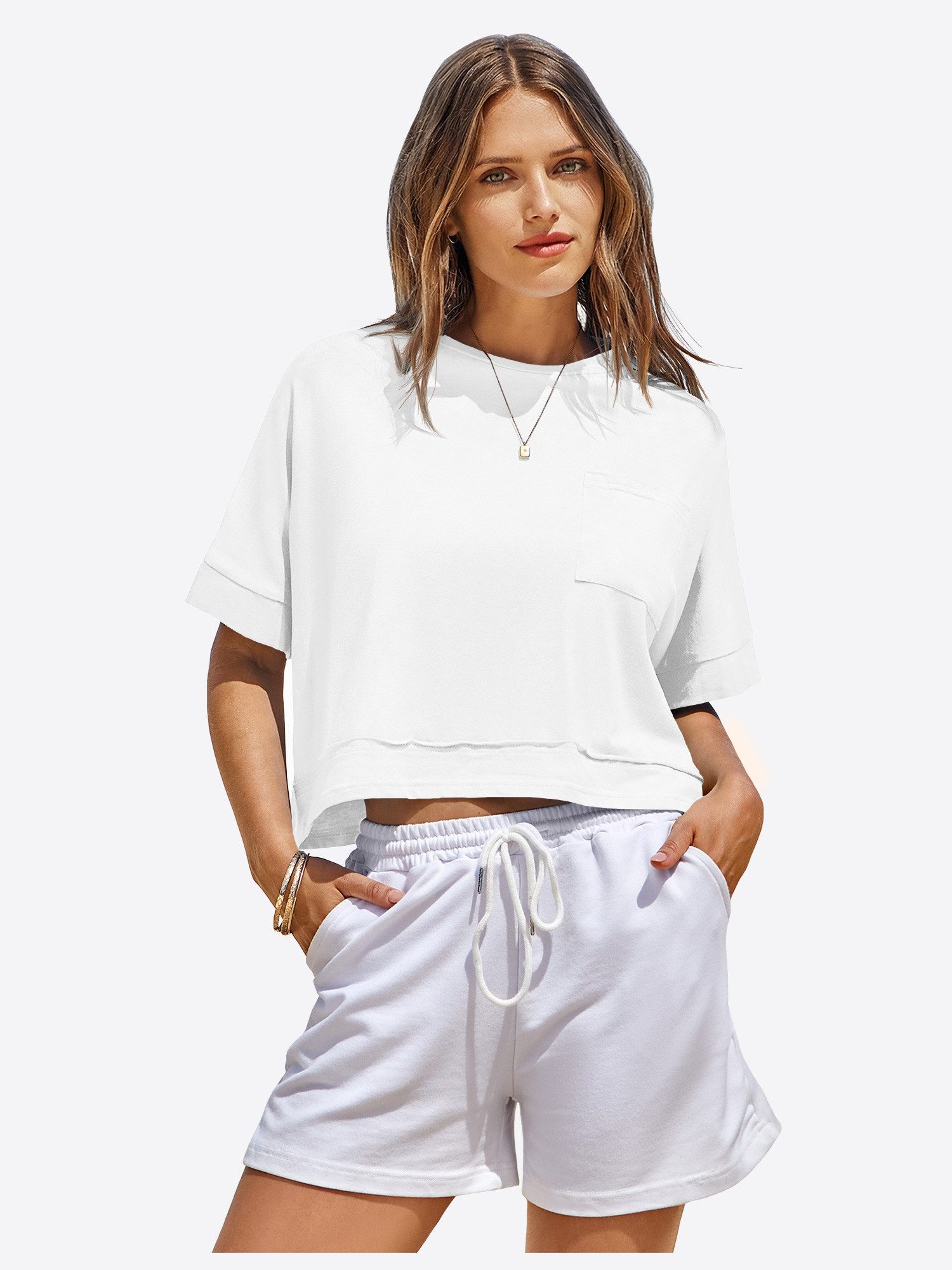 Imily Bela T-Shirt Damen Oversize Cropped Kurzarm Sommer Basic Casual mit Brusttasche (Packung, 1-tlg., 1per-Pack) mit Rundhalsausschnitt in Unifarbe