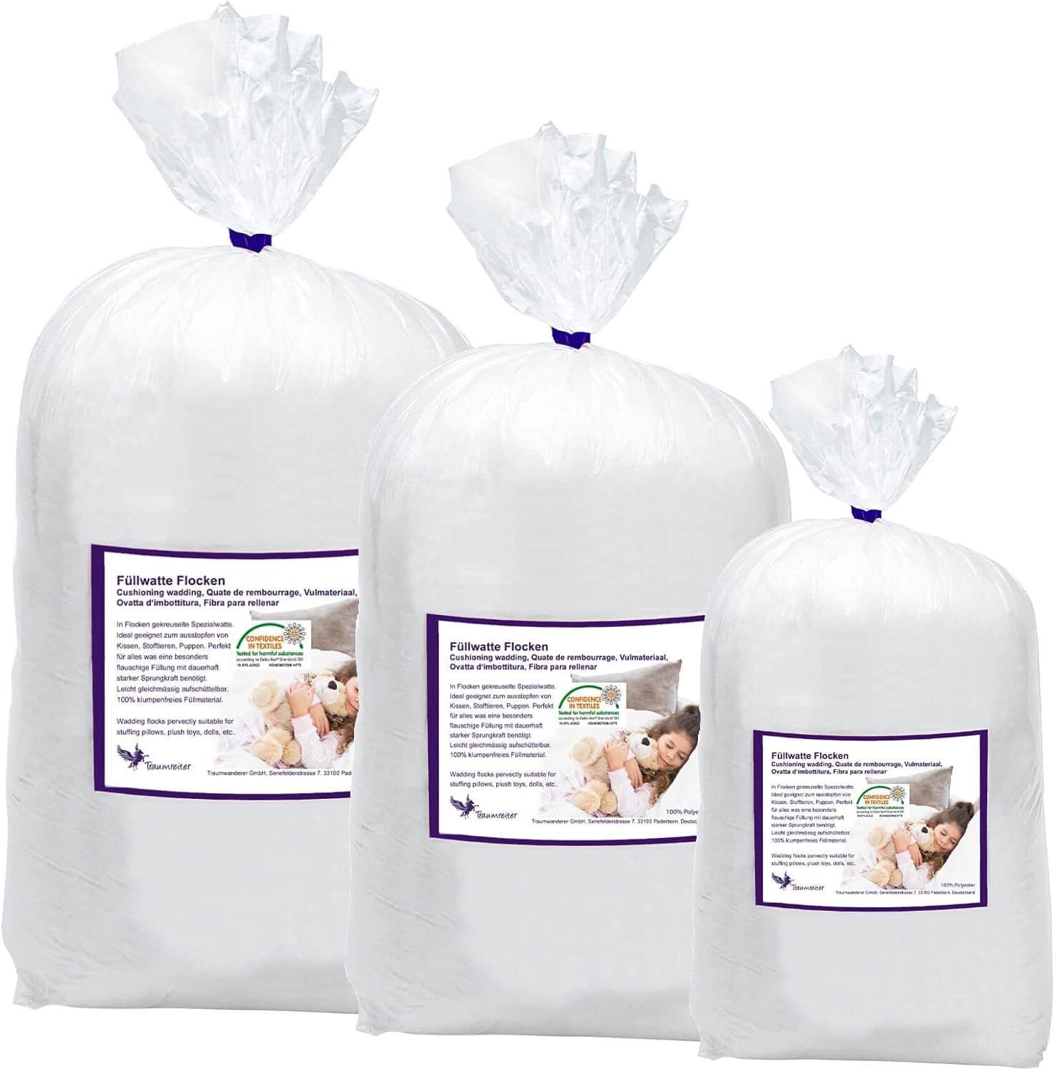 Traumreiter Bastelfilz Füllwatte mit Extra Power I silikonisierte Flauschige Faserbällchen I Kissen Füllung 95° waschbar + Trockner I 100% Polyester Watte basteln Kissenfüllung Füllmaterial Füllstoff, Made in Germany mit silikonisierten Polyester