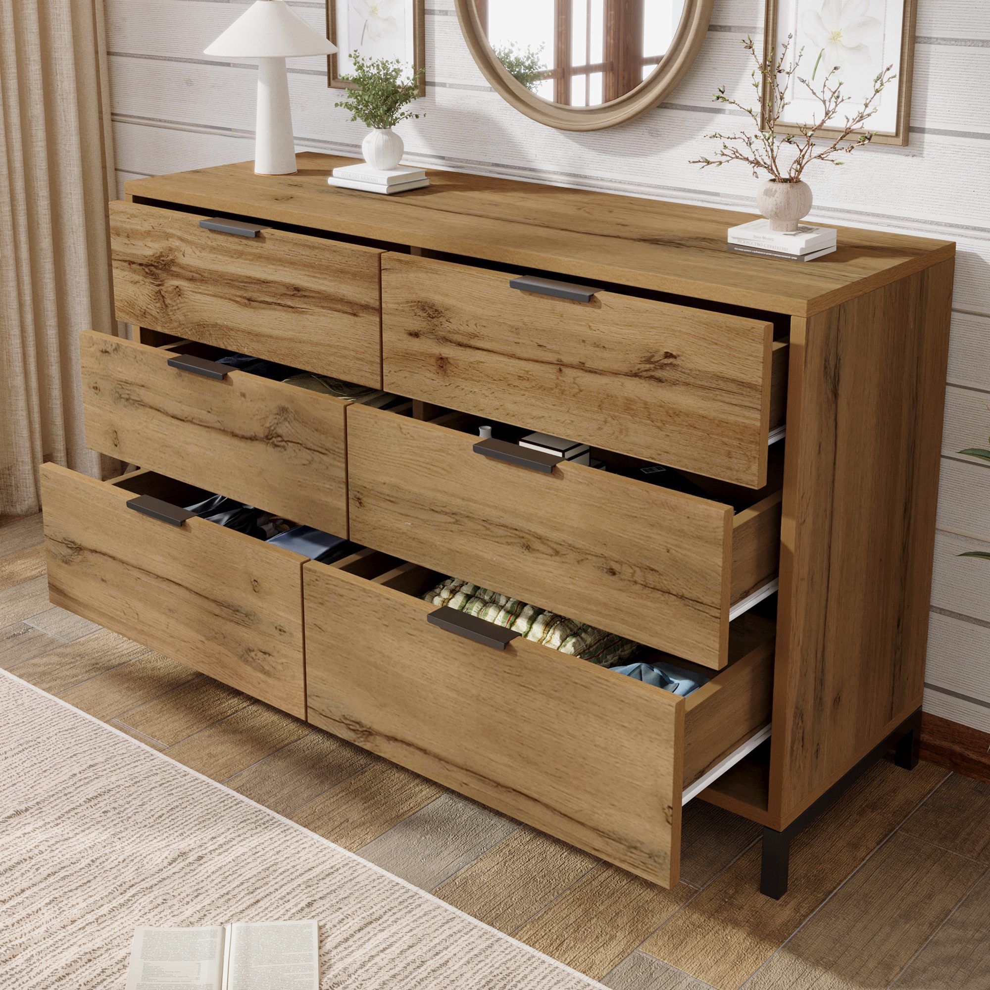 Flieks Kommode, Sideboard Schrank mit 6 Schubladen 120x40x76cm