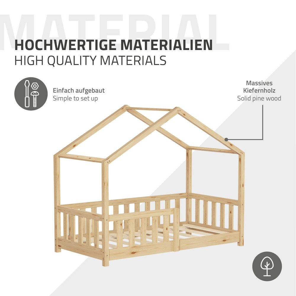 ML-DESIGN Spielbett Hausbett Kinderbett inkl. Lattenrost & Rausfallschutz Kinder Bodenbett, Abenteuerbett 70x140cm Haus Bett Himmelbett Kiefer Jugendbett Natur – Bild 5 von 5