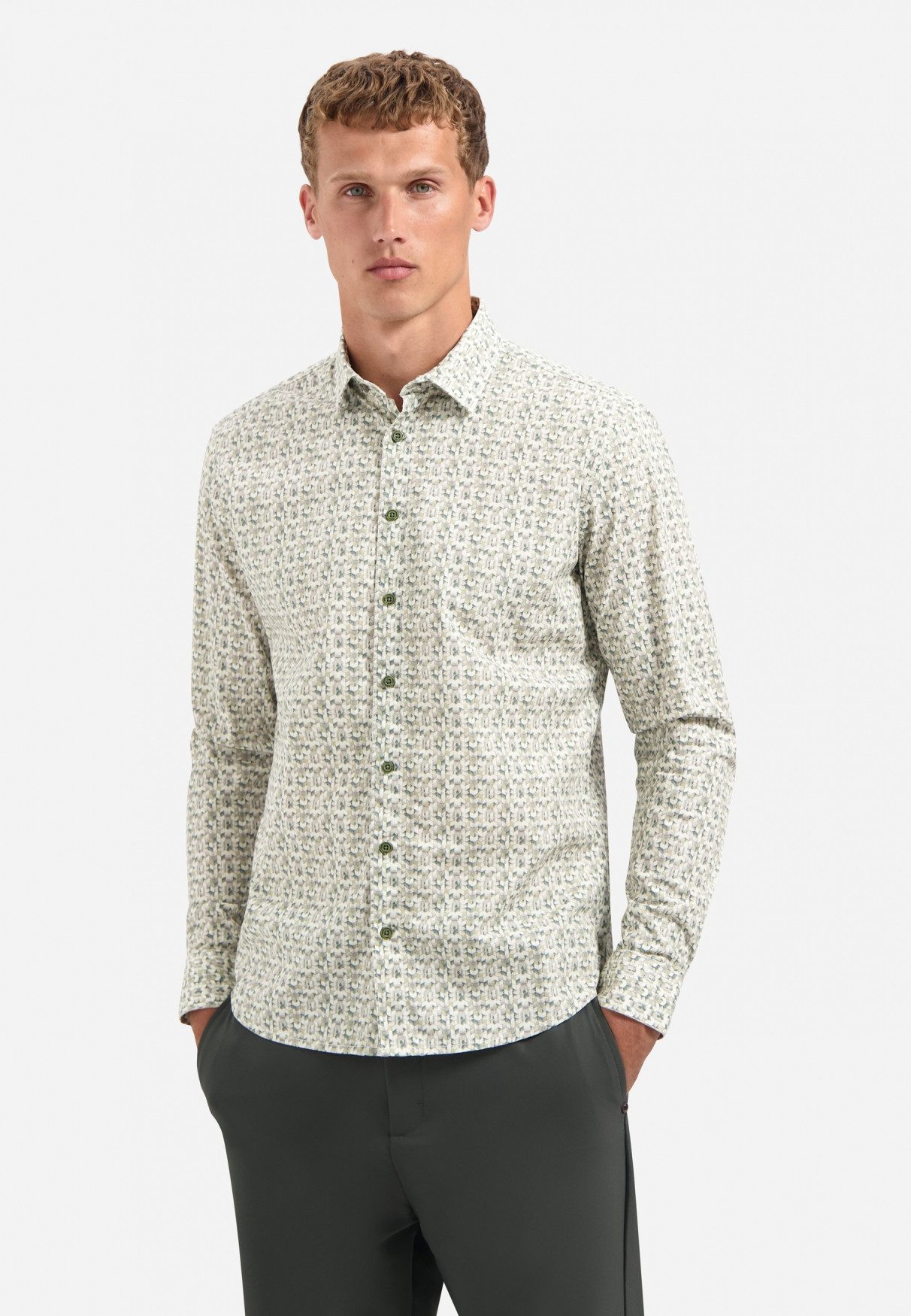 NO EXCESS Langarmhemd No Excess Stretchhemd mit Print Shirt Stretch Allover Printed