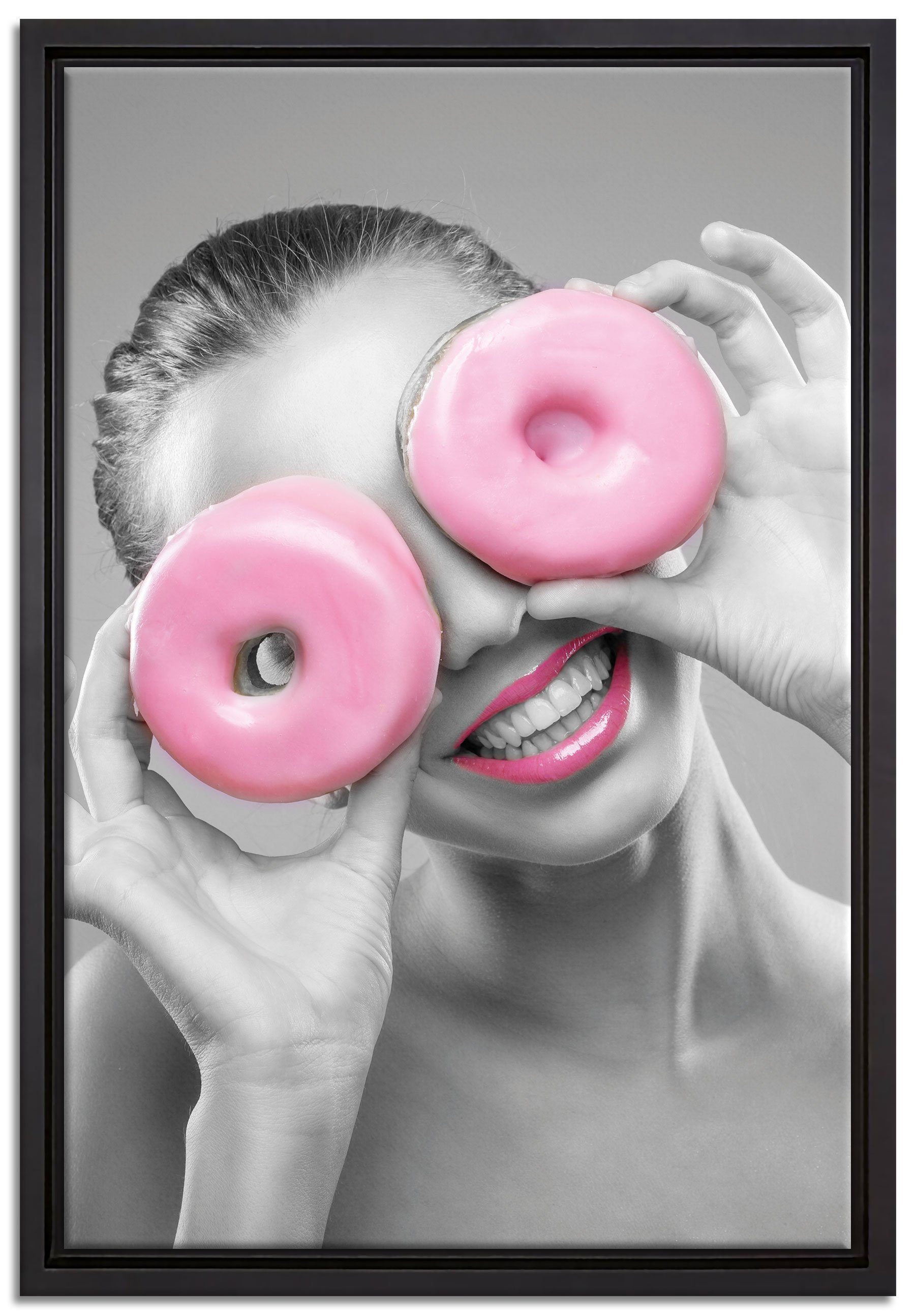 Leinwandbild Frau in fertig mit Pixxprint gefasst, (1 Zackenaufhänger Wanddekoration rosa lustige Donut Augen, einem St), Leinwandbild inkl. bespannt, Schattenfugen-Bilderrahmen