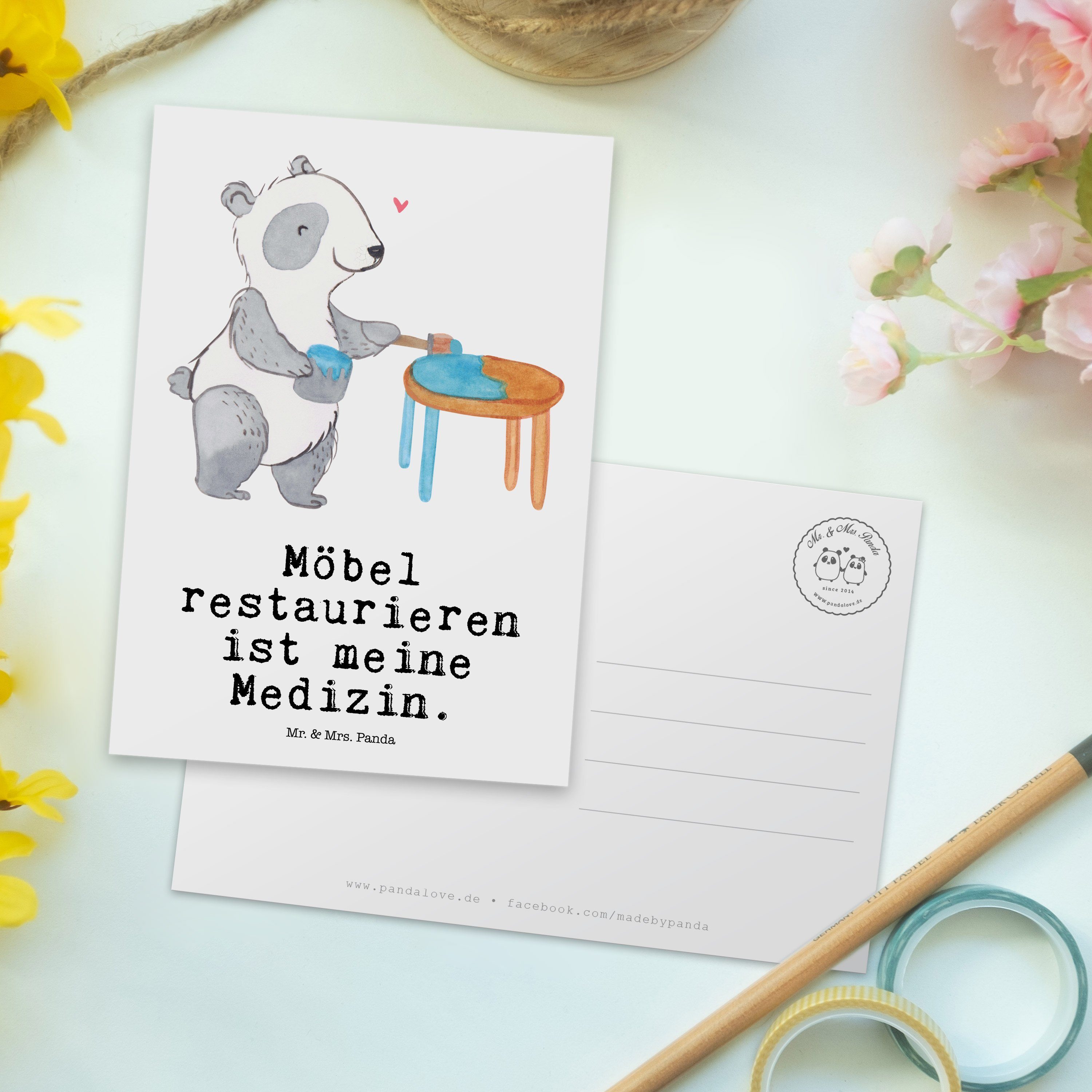 antike Grußkarte, - Möbel Mrs. Panda Panda - Medizin restaurieren Postkarte Weiß Geschenk, & Mr.