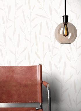 Newroom Vliestapete, Beige Tapete Floral Glänzend - Glanztapete Schilfrohr Natur Creme Grafisch Modern Schilf Pflanze für Wohnzimmer Schlafzimmer Küche