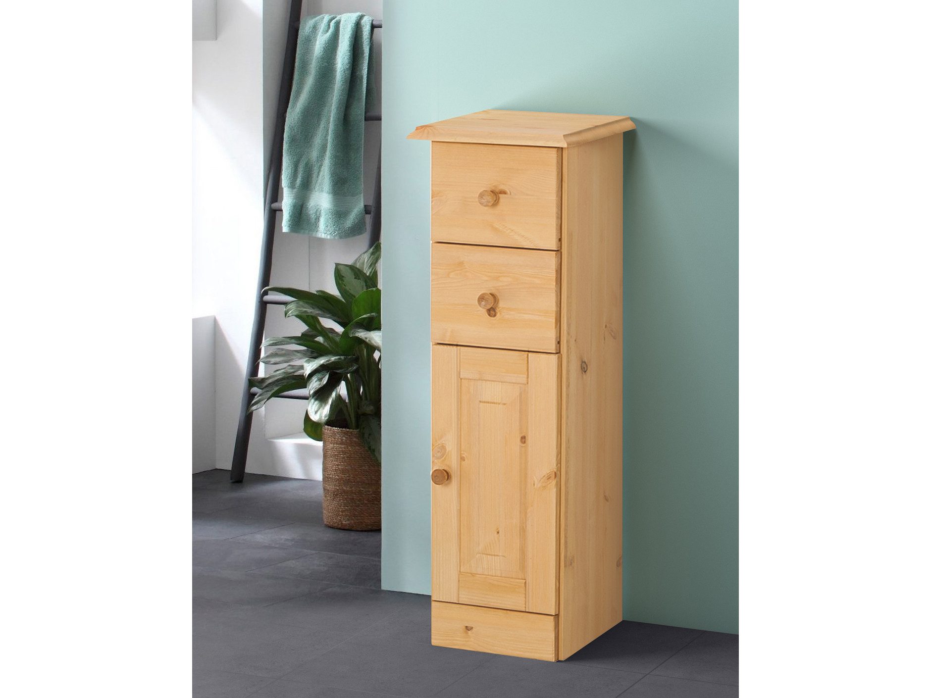 loft24 Badkommode Rico - Badschrank Badezimmerschrank Badmöbel Kommode (1 St), 2 Schubladen, 1 Tür, 1 Einlegefach, Kiefer Massivholz, Landhausstil