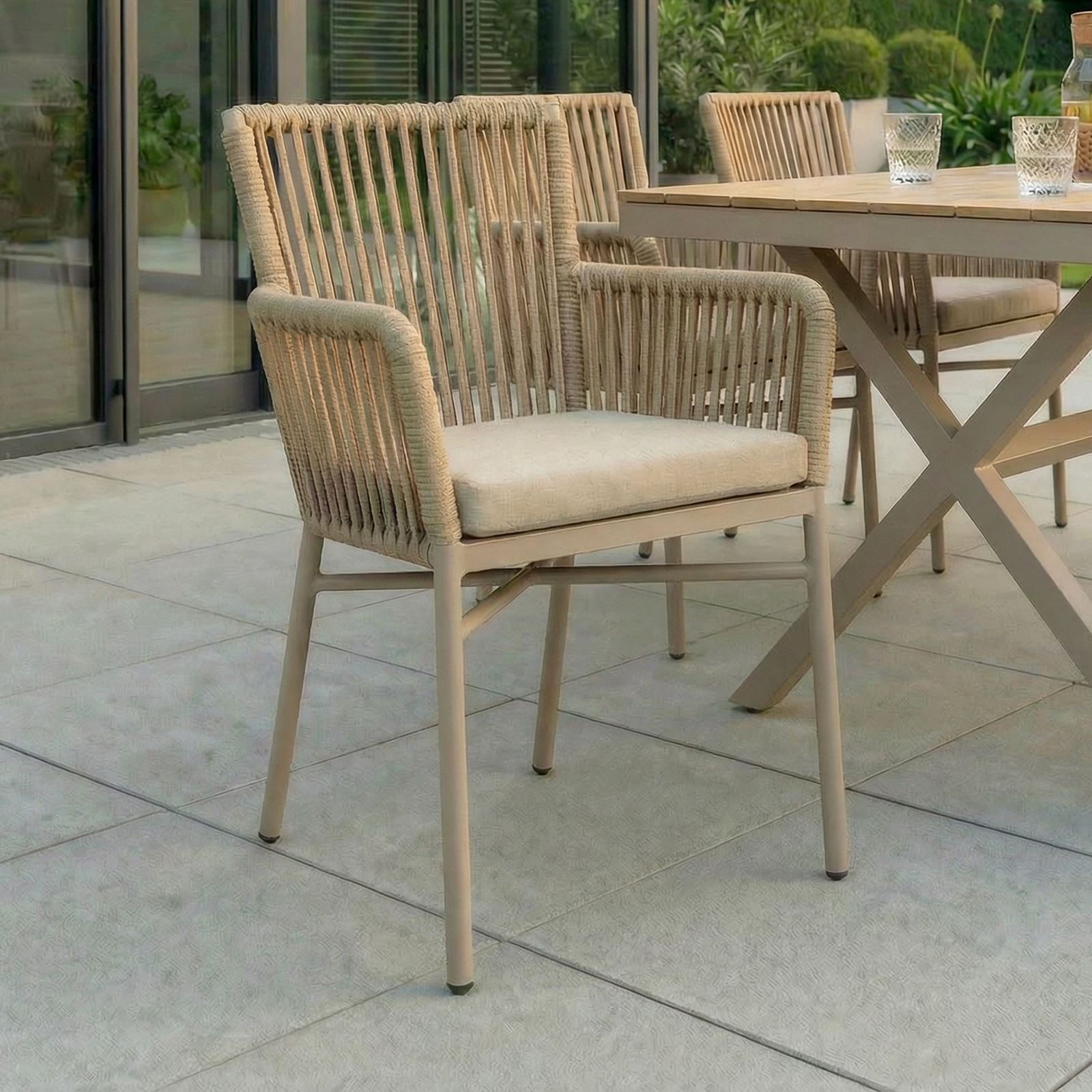 IDIMEX Gartenstuhl AFUERA (6 St), wetterfeste Terrassenstühle mit Rope und Kissen Champagner/Beige