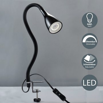 B.K.Licht LED Klemmleuchte Sirius, Dimmfunktion, mehrere Helligkeitsstufen, Leuchtmittel wechselbar, Warmweiß, 3-stufig, dimmbar, flexibler Schwanenhals mit Silikonmantel