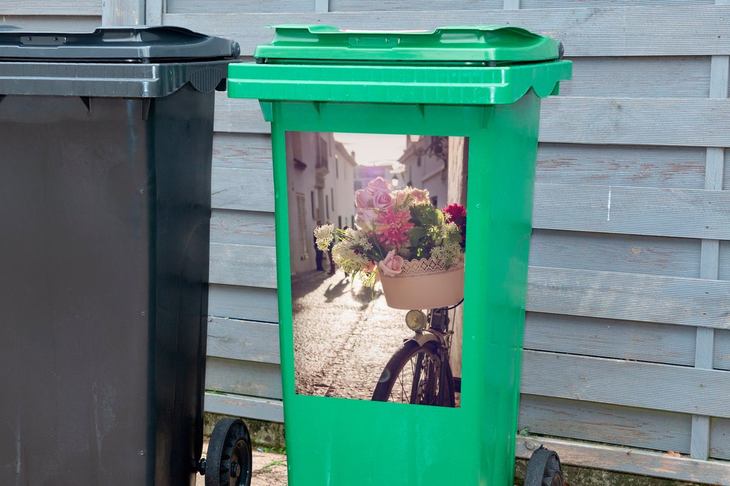 - Mülleimer-aufkleber, Wandsticker Abfalbehälter St), Sticker, Container, Mülltonne, - Blumen Fahrrad (1 Korb MuchoWow