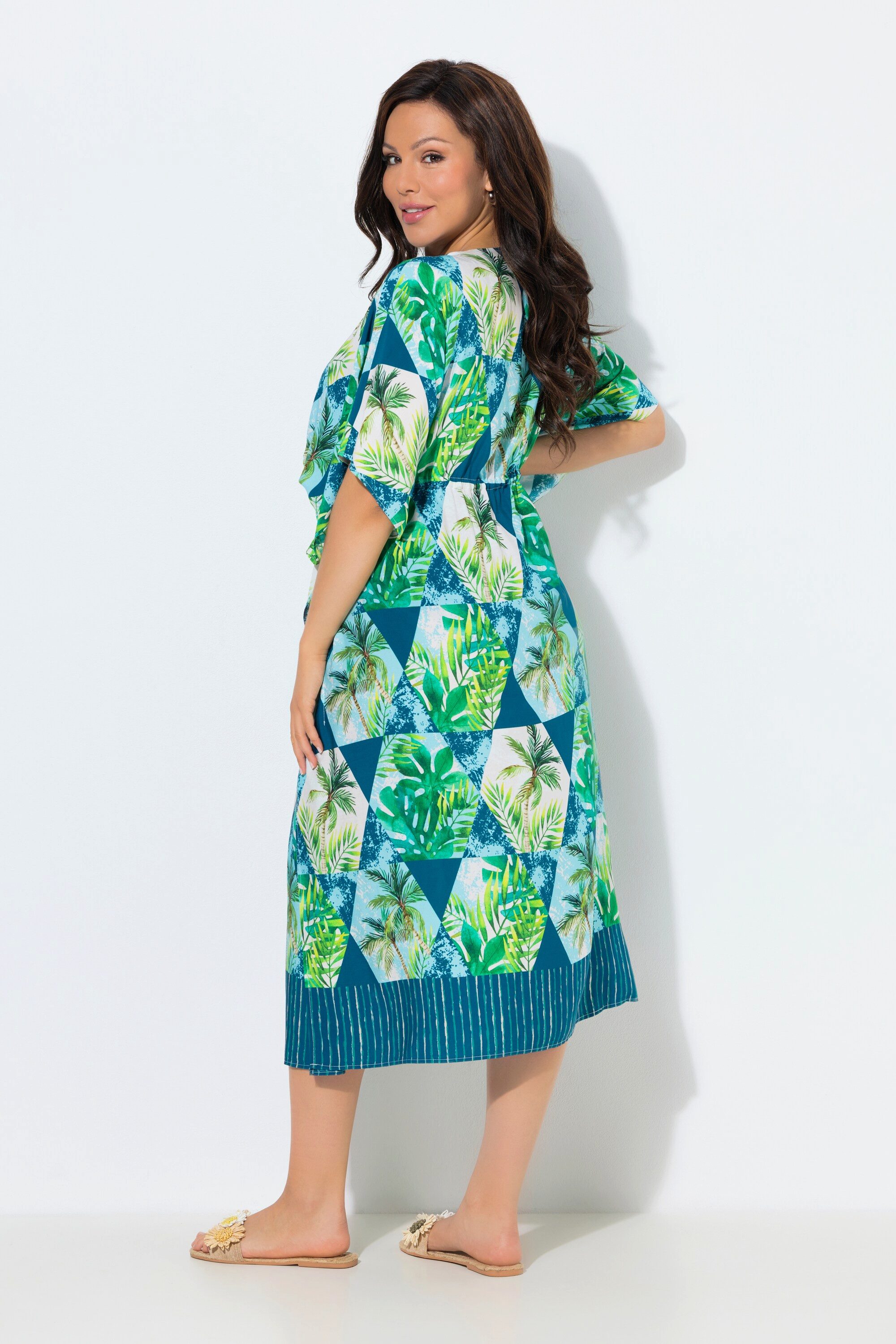 Ulla Popken Strandkleid Kaftan Palmen V-Ausschnitt Halbarm
