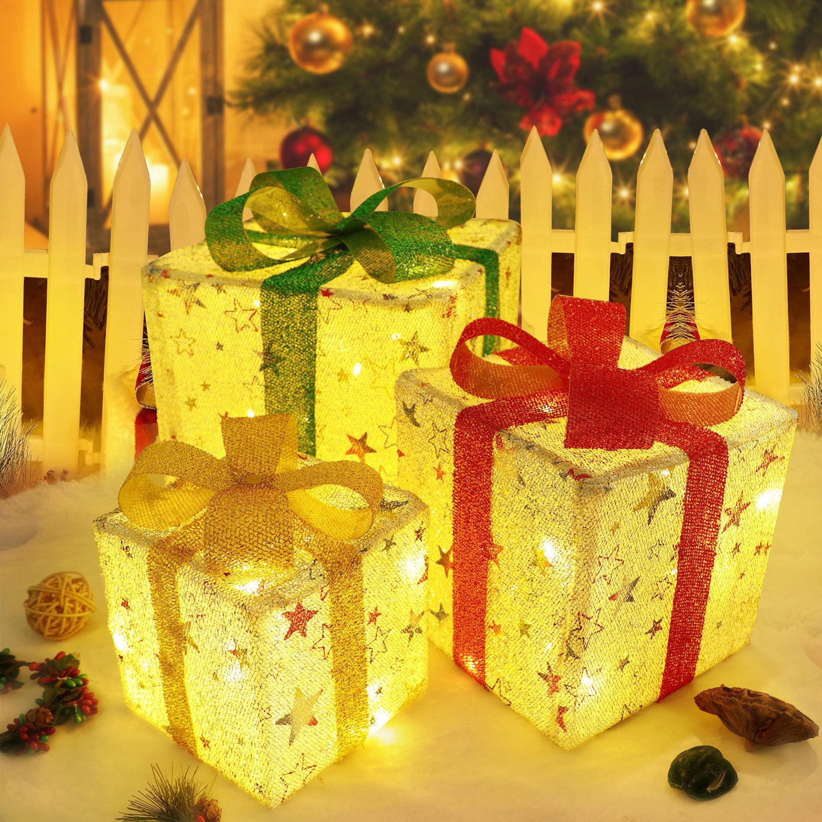 ZMH LED Dekolicht 3ER Set LED Geschenkbox Weihnachtsdeko 8 Modi mit Fernbedienung, Augenschutz, Einfache Installtion, LED fest integriert, 3000K, mit Fernbedienung Innen Weihnachtsbeleuchtung 50 LEDs Batterie